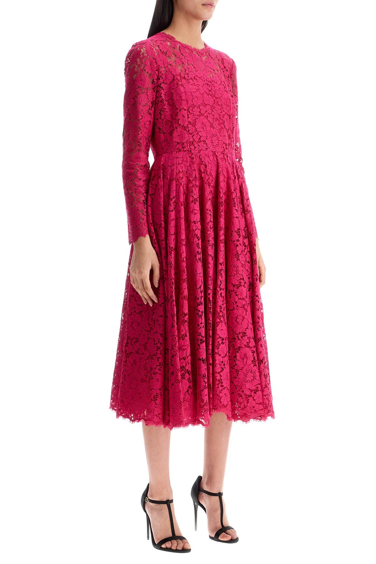 shocking pink floral lace midi dress