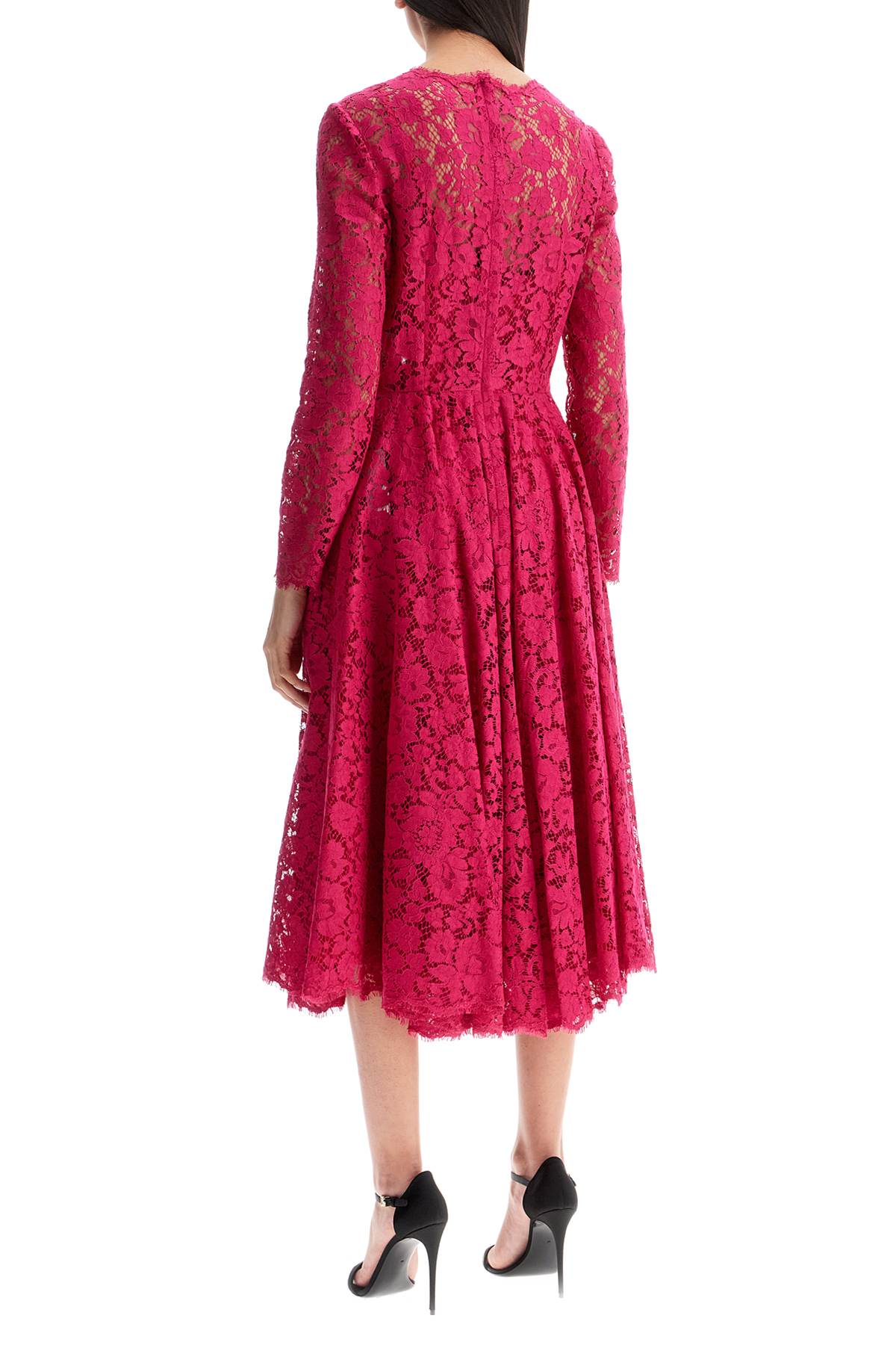 shocking pink floral lace midi dress