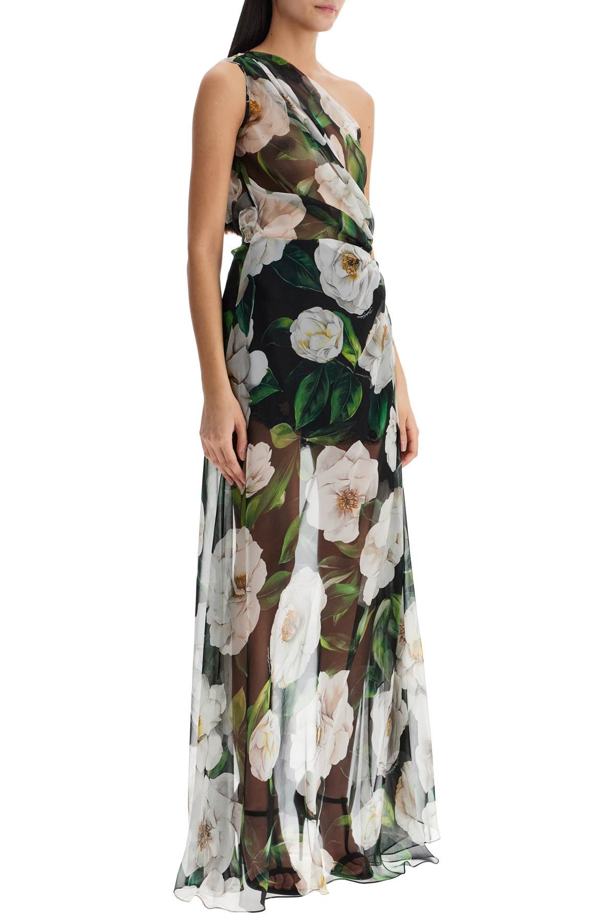 long one-shoulder floral silk dress