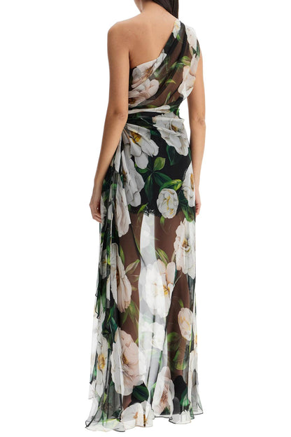 long one-shoulder floral silk dress