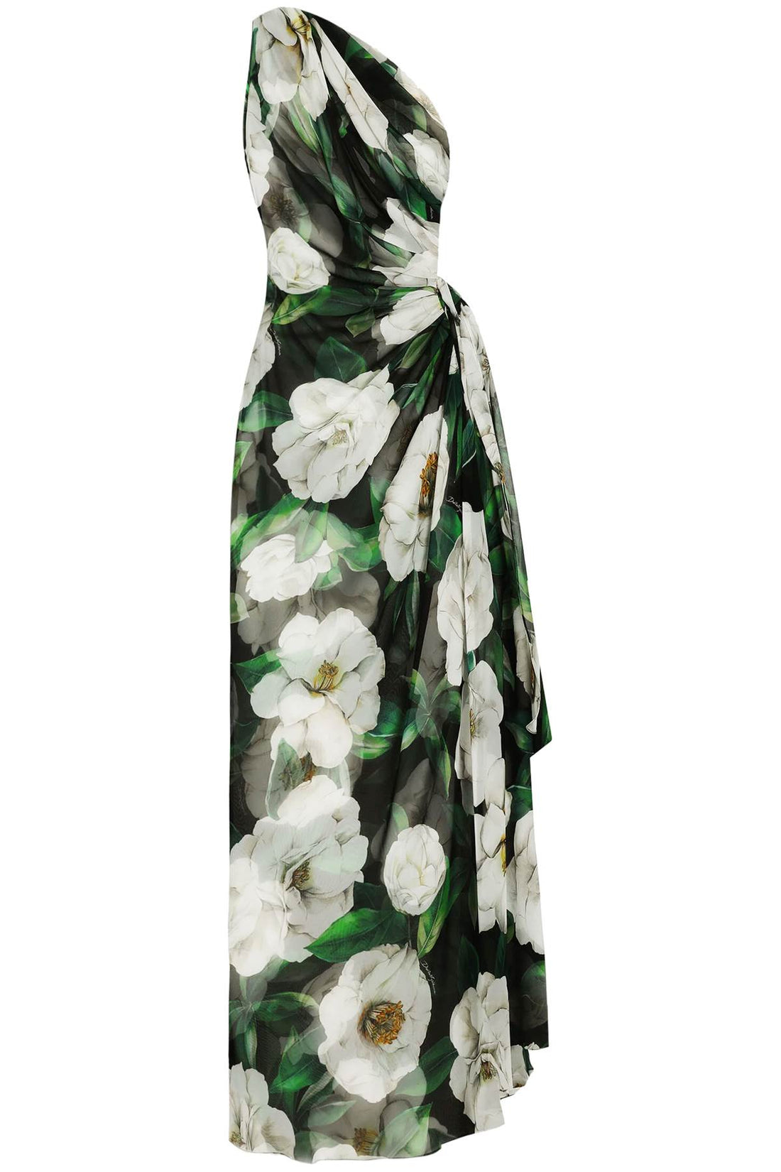 long one-shoulder floral silk dress