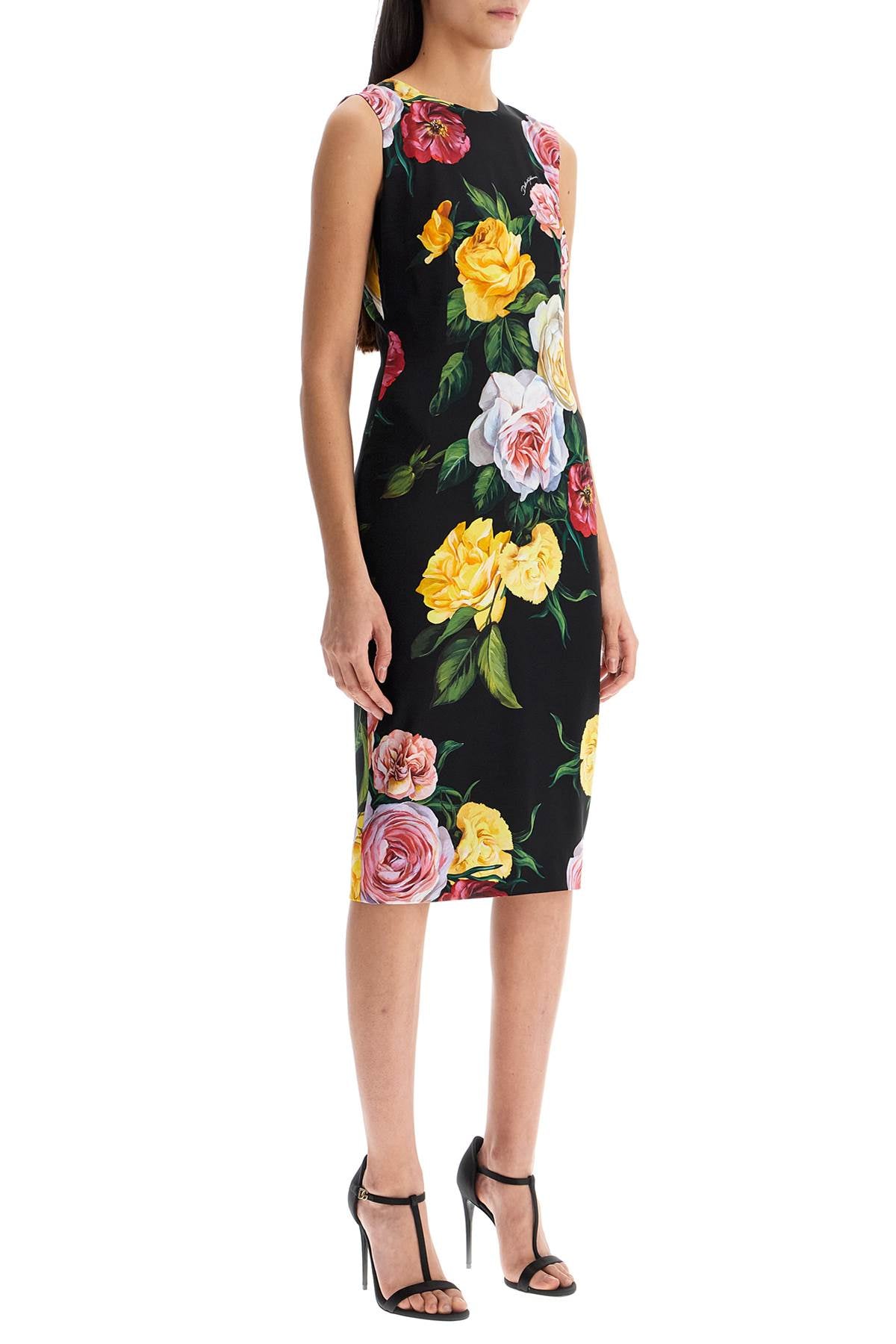 elegant black floral silk dress knee-length