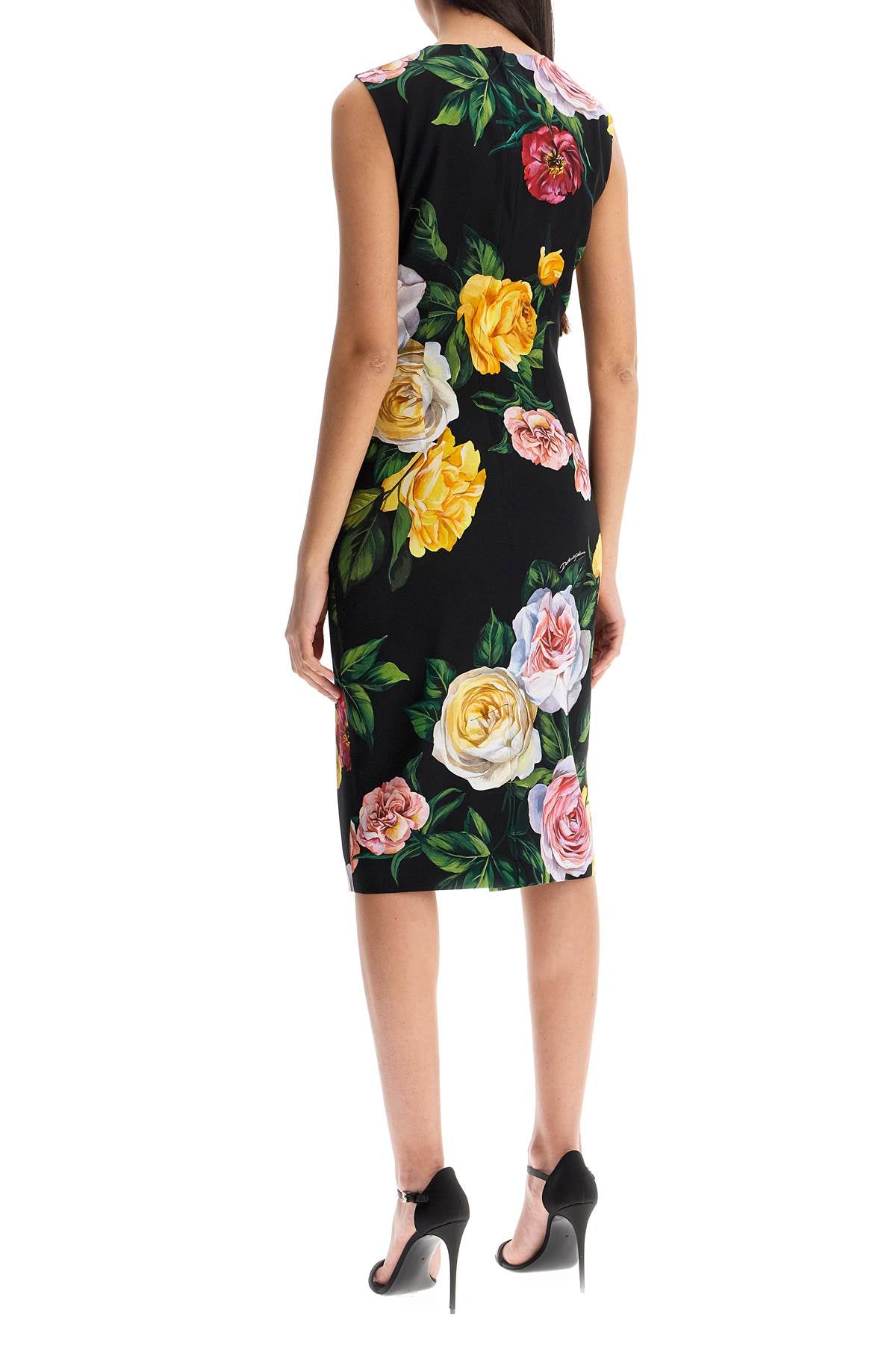 elegant black floral silk dress knee-length