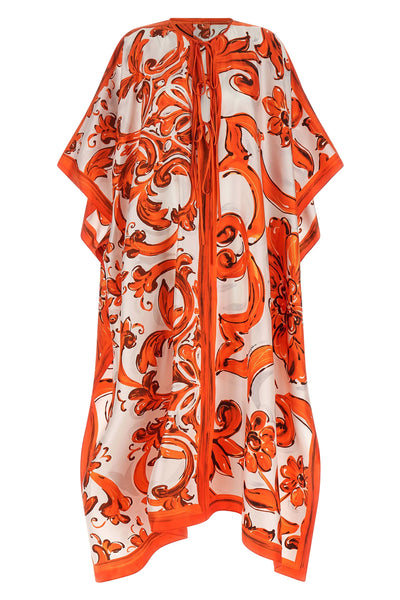 long dress in maiolica print silk twill