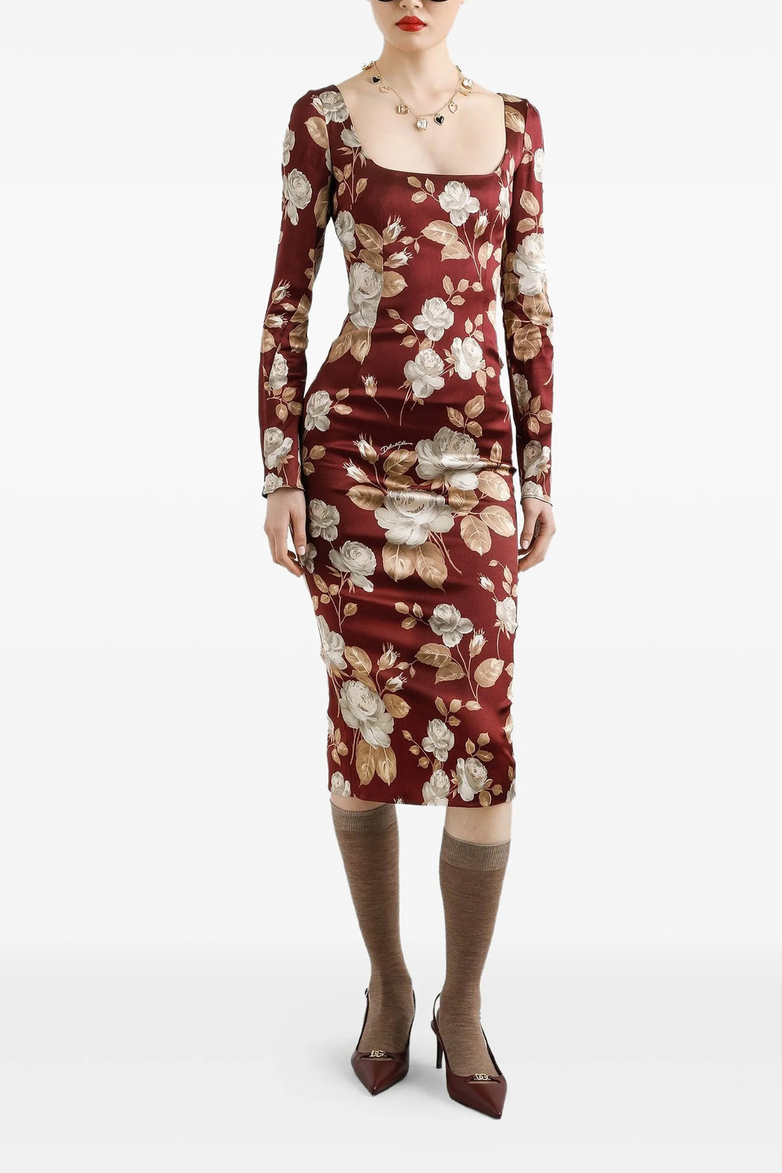 DOLCE &amp; GABBANA 38 all over rose-print silk satin midi dress
