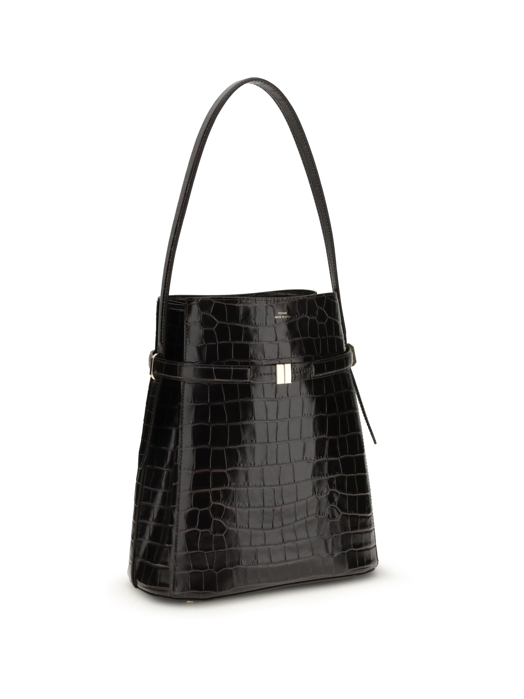 belted croco-embossed bucket bag