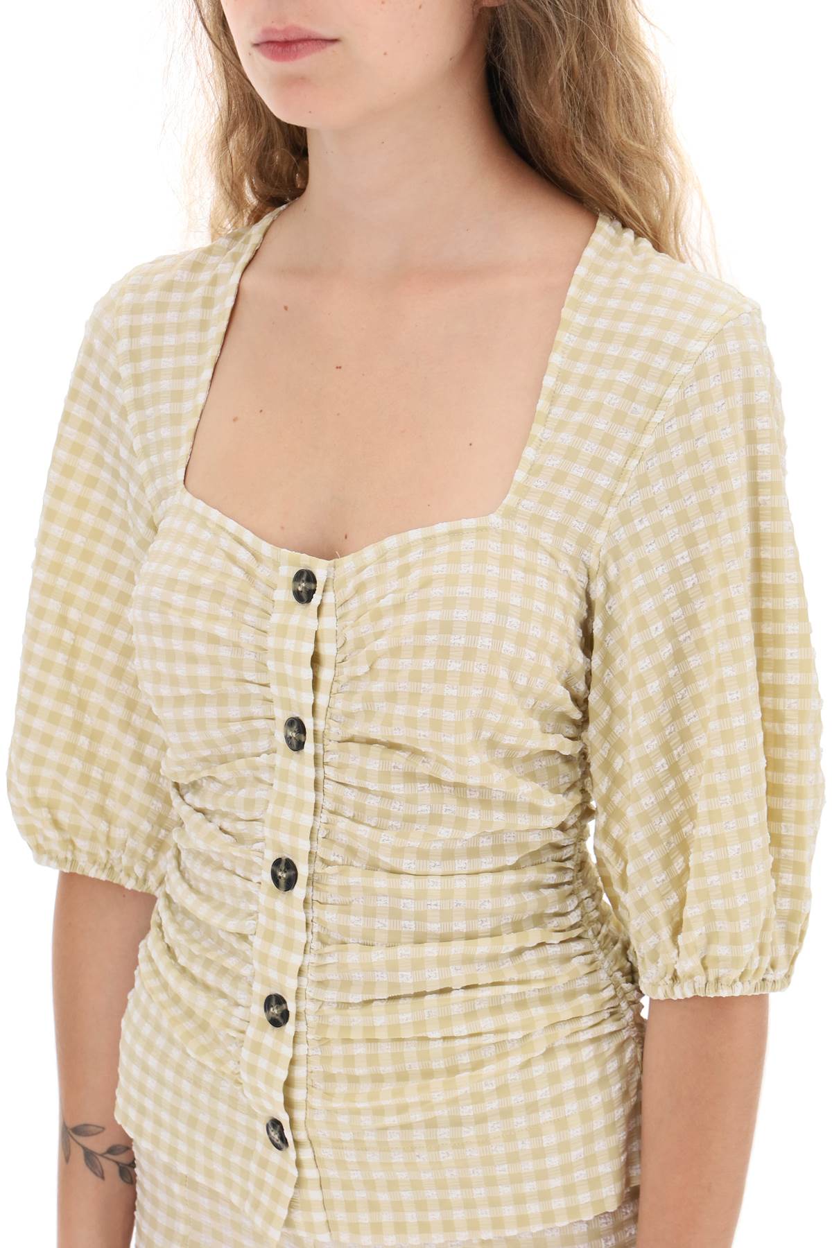 gathered blouse with gingham motif