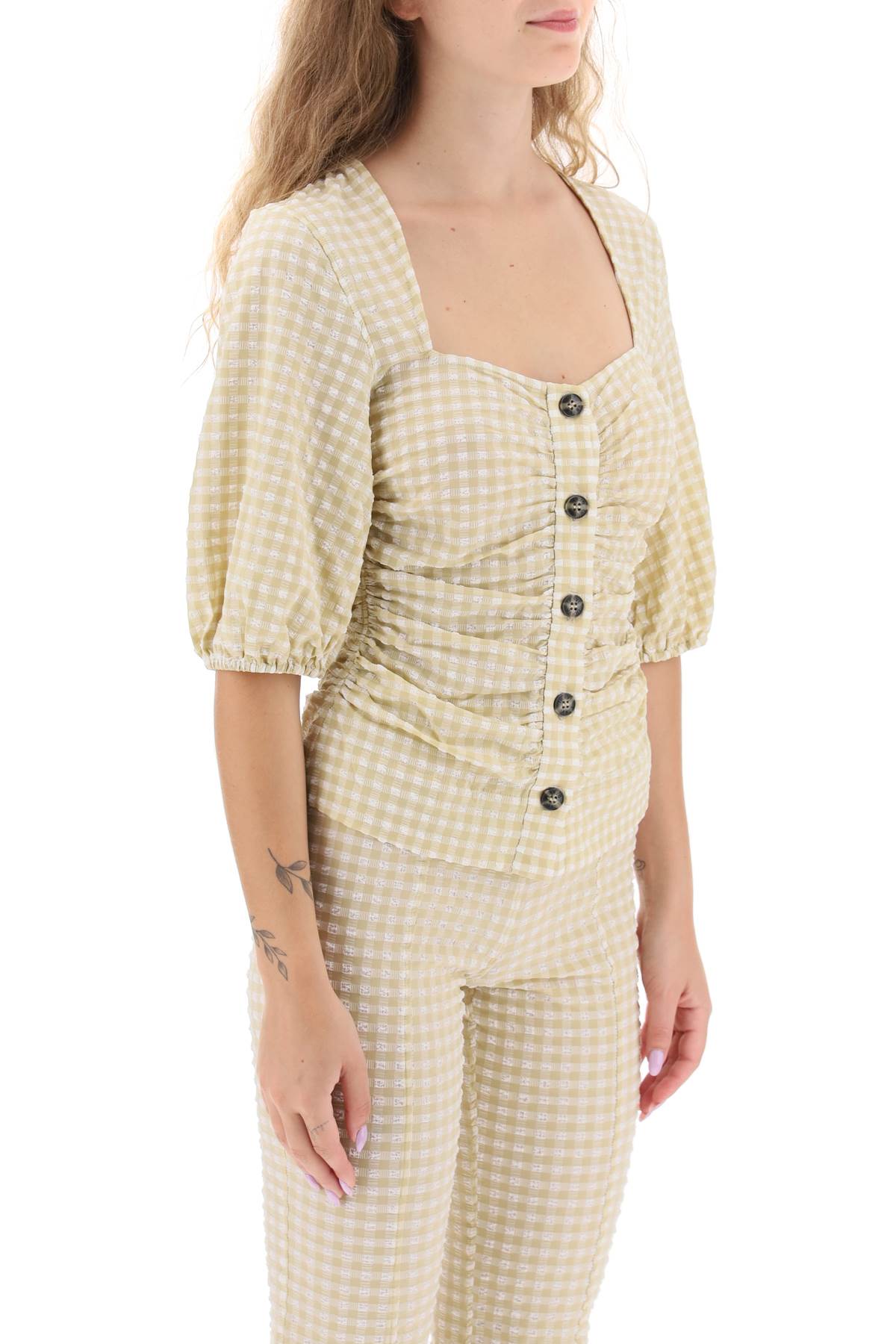 gathered blouse with gingham motif