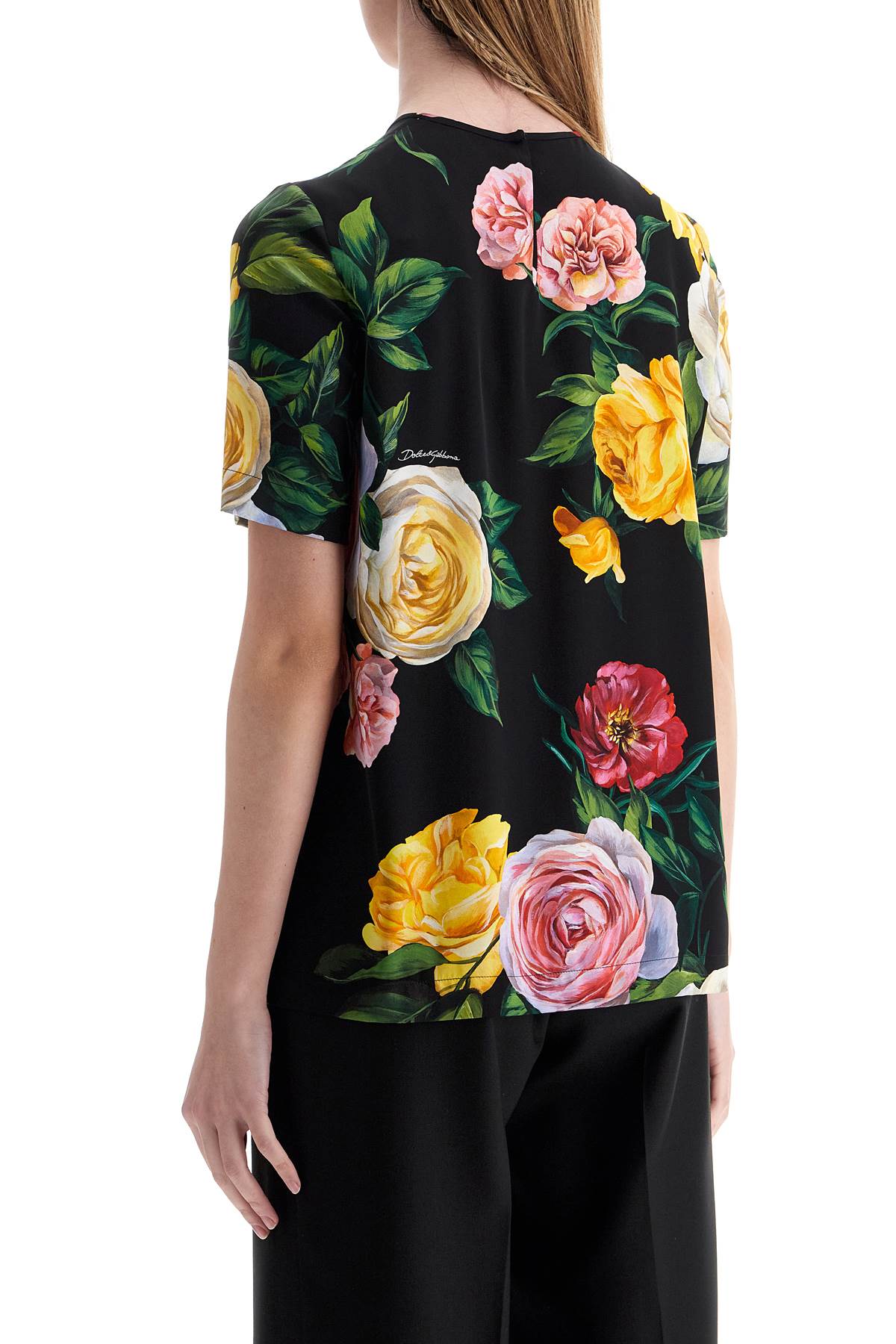 black silk t-shirt with floral print