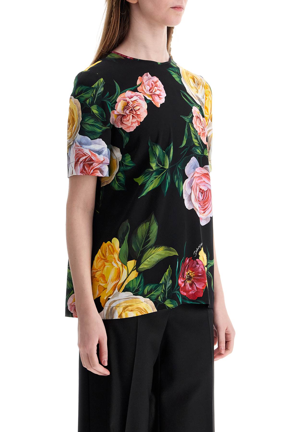 black silk t-shirt with floral print