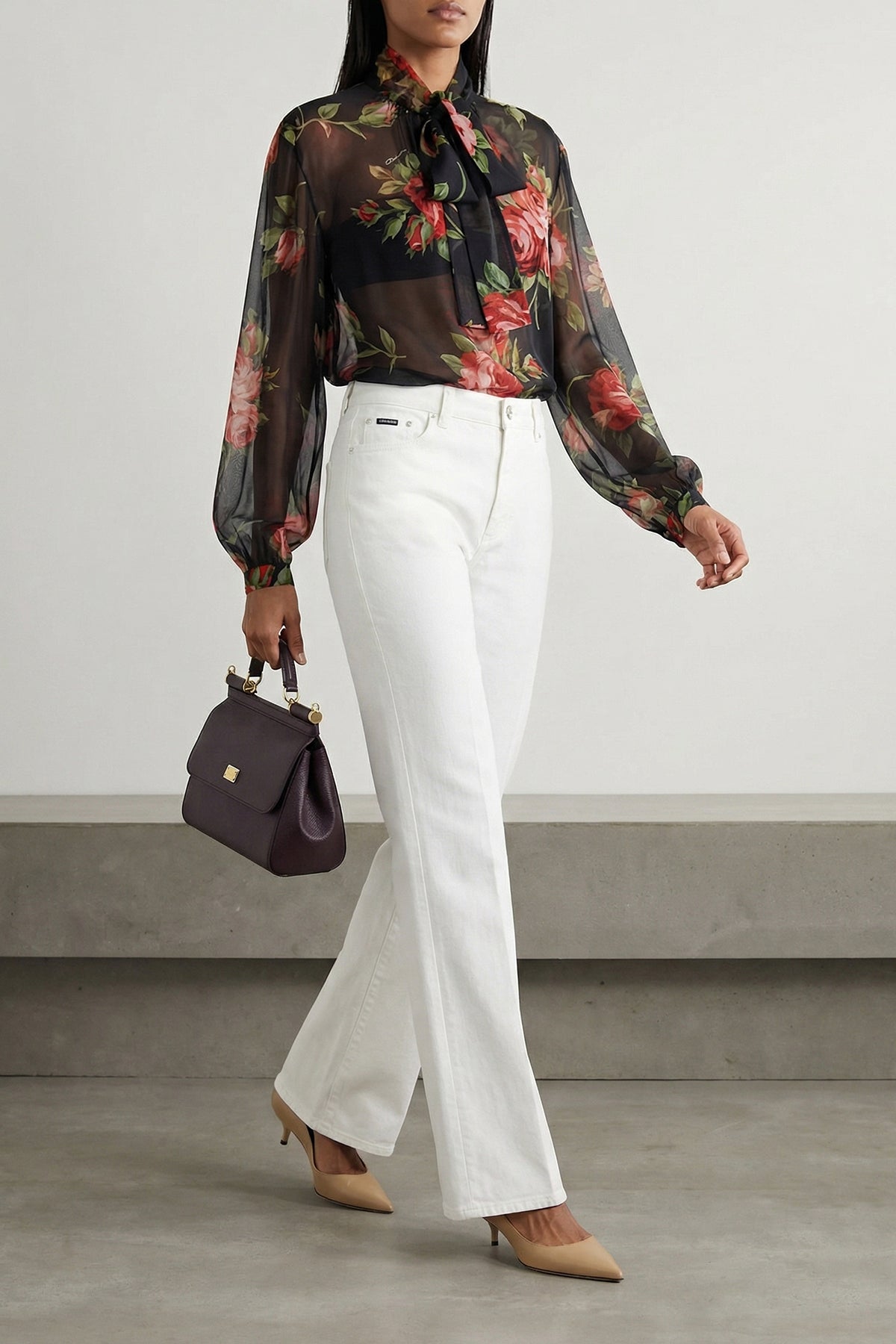 bouquet rose print semi-sheer chiffon top