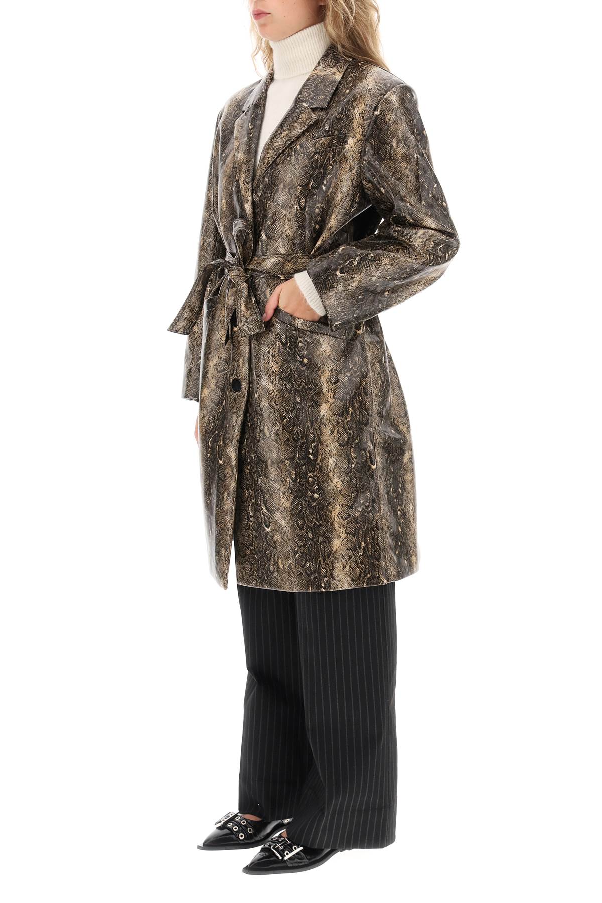 snake-effect faux leather trench coat