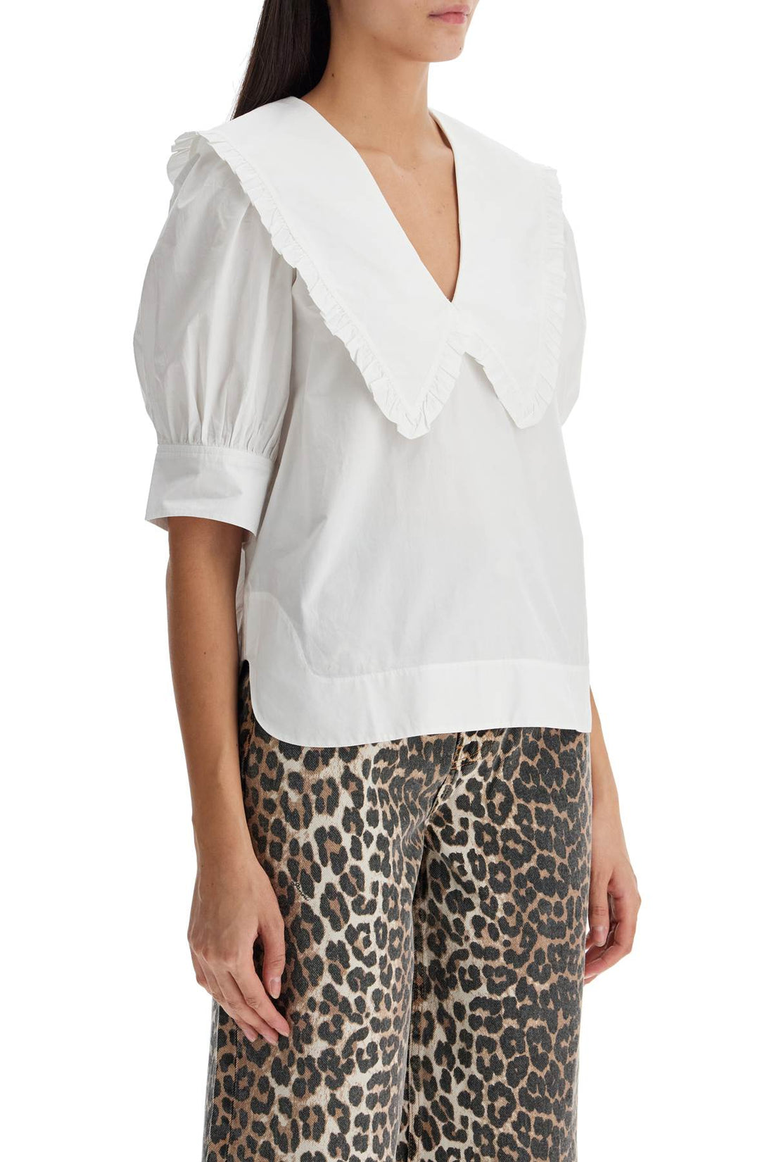 blouse with exaggerated collar and ruffle