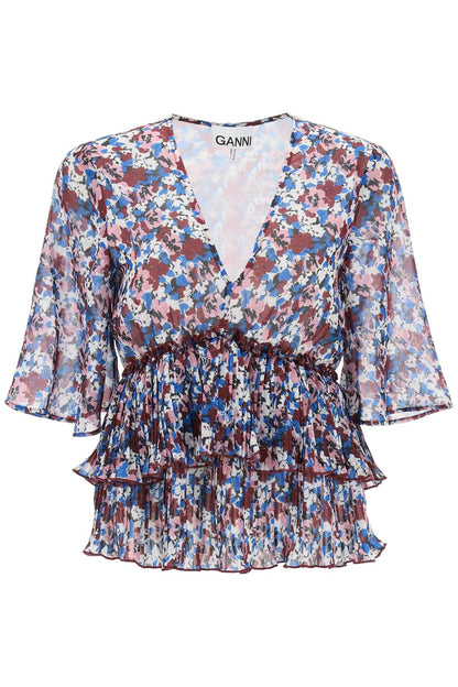 pleated blouse with floral motif