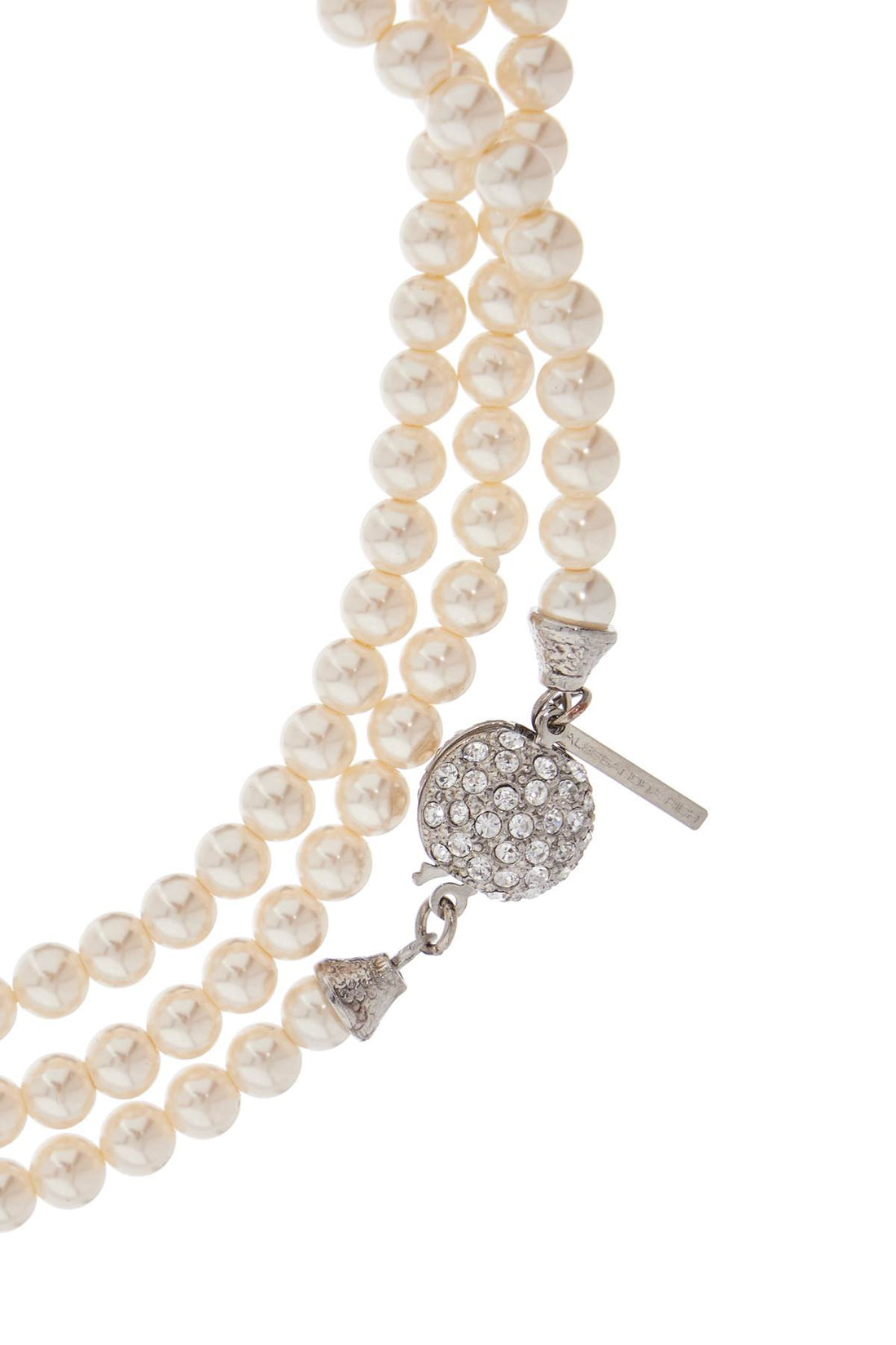 long 3-strand ivory pearl necklace with rhinestones