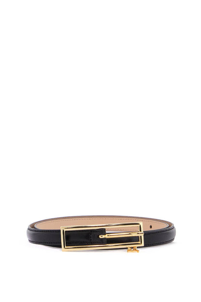 slim black leather belt with logo charm and brass buckle 1.5 cm