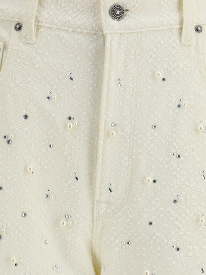 GOLDEN GOOSE 26 white denim pearl and crystal embroidered pants