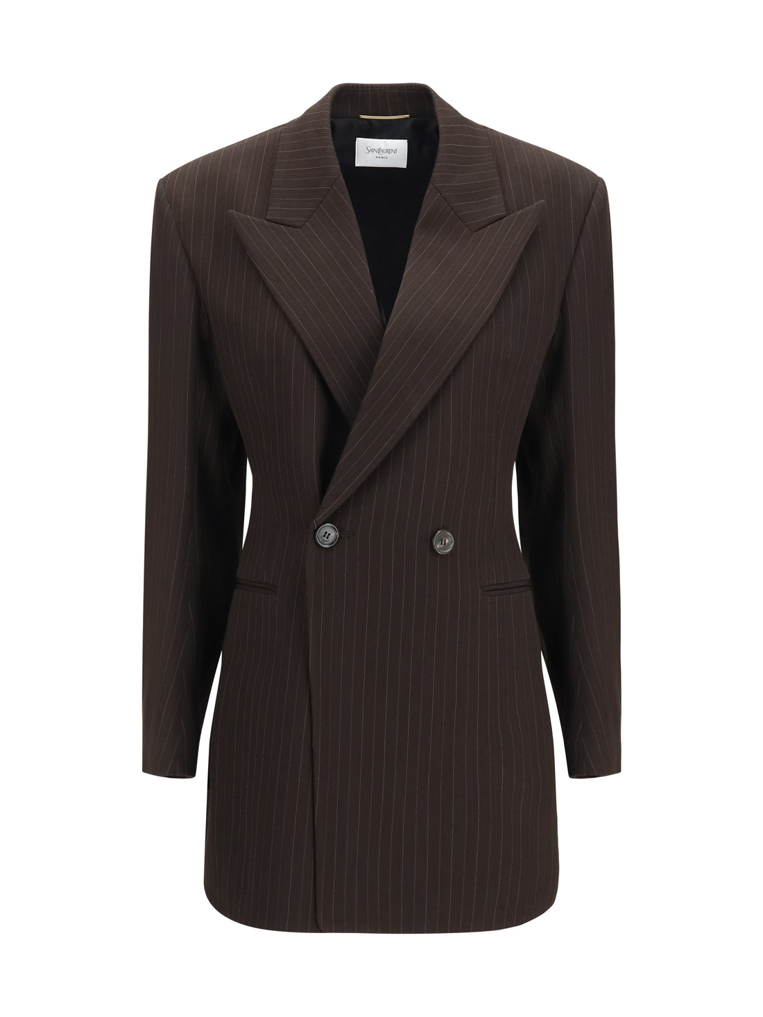 SAINT LAURENT 36 double-breasted pinstripe mélange wool jacket