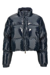 reversible down jacket in herringbone harris tweed wool and shiny nylon