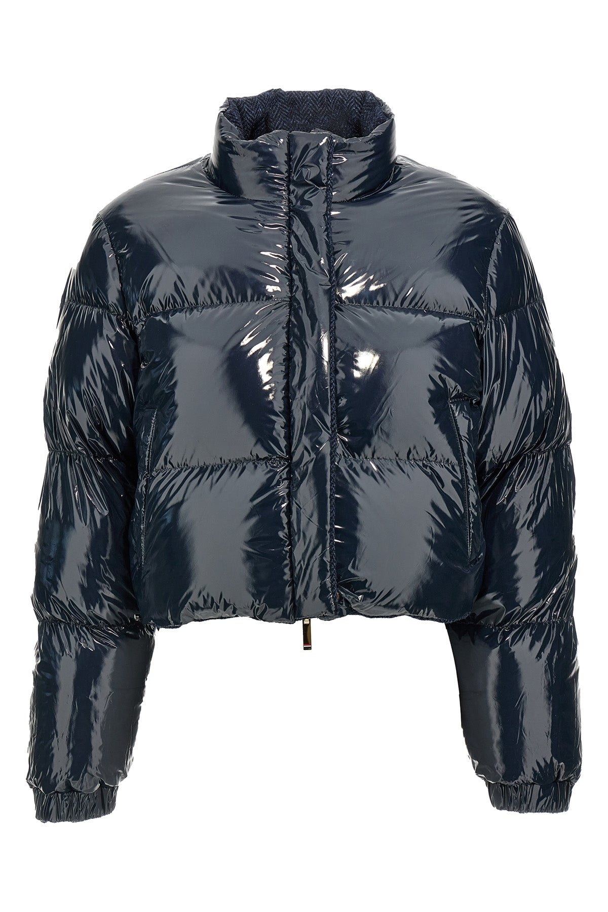 reversible down jacket in herringbone harris tweed wool and shiny nylon
