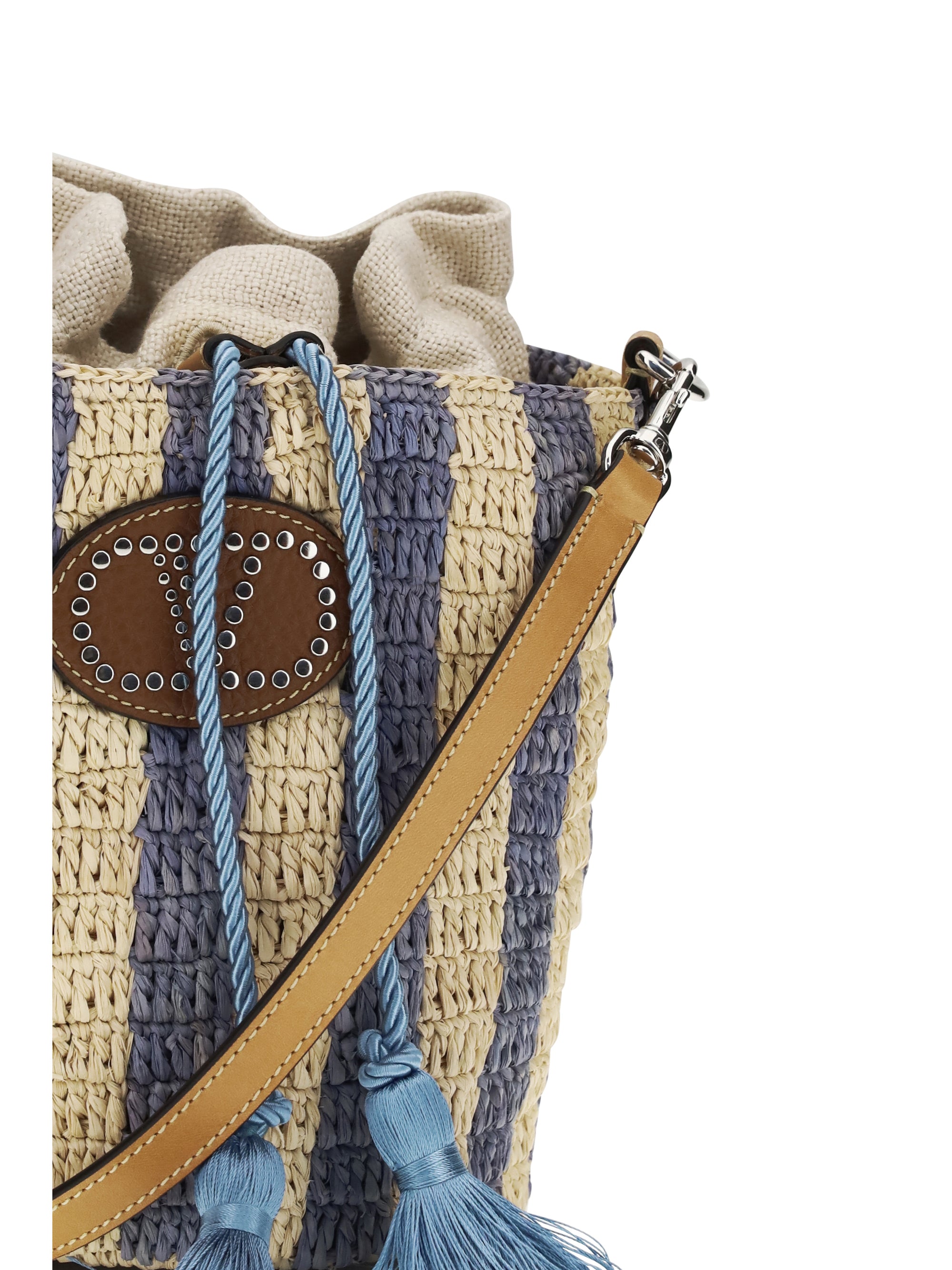 striped raffia bucket bag