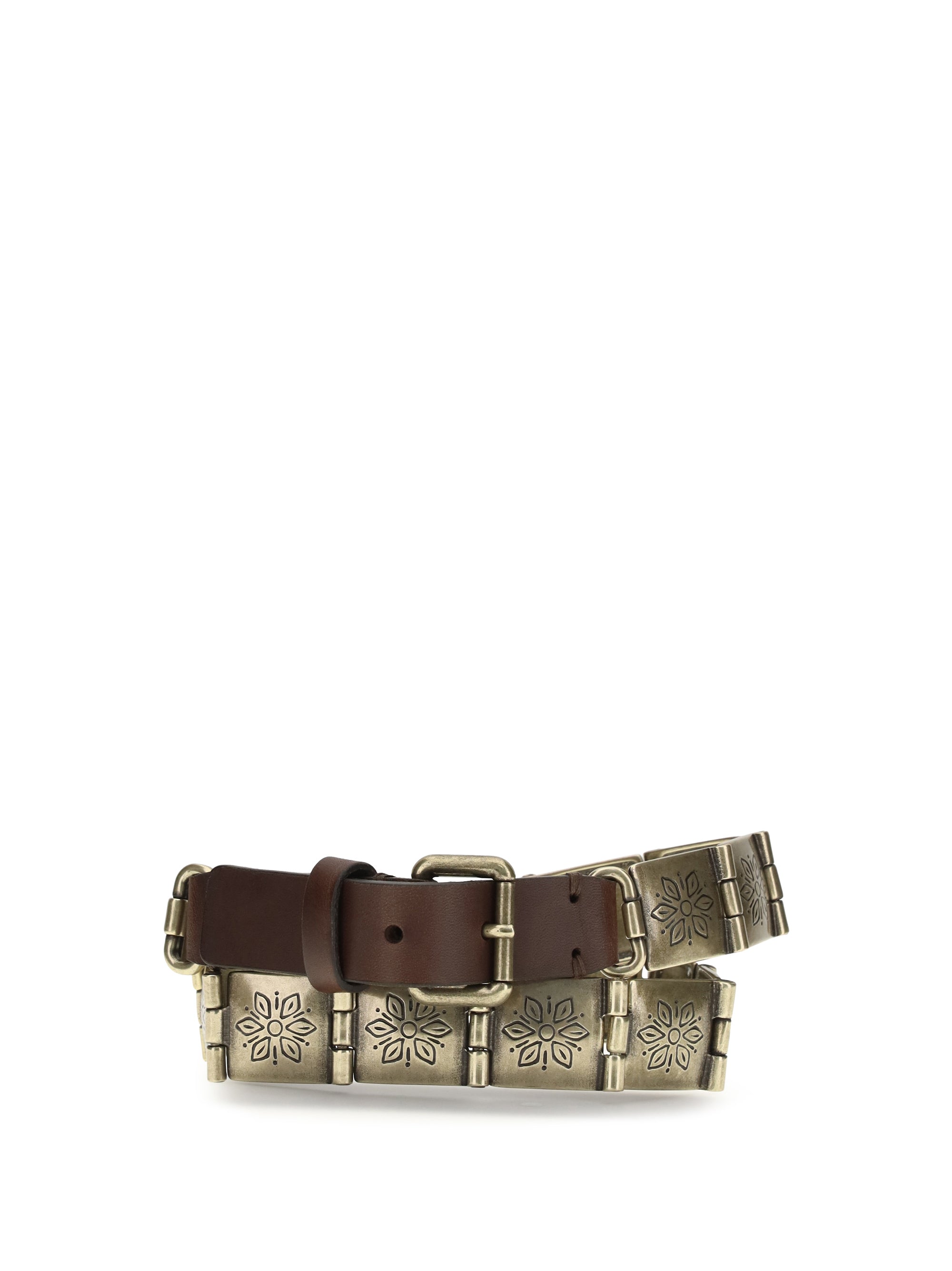 engraved metal and leather belt