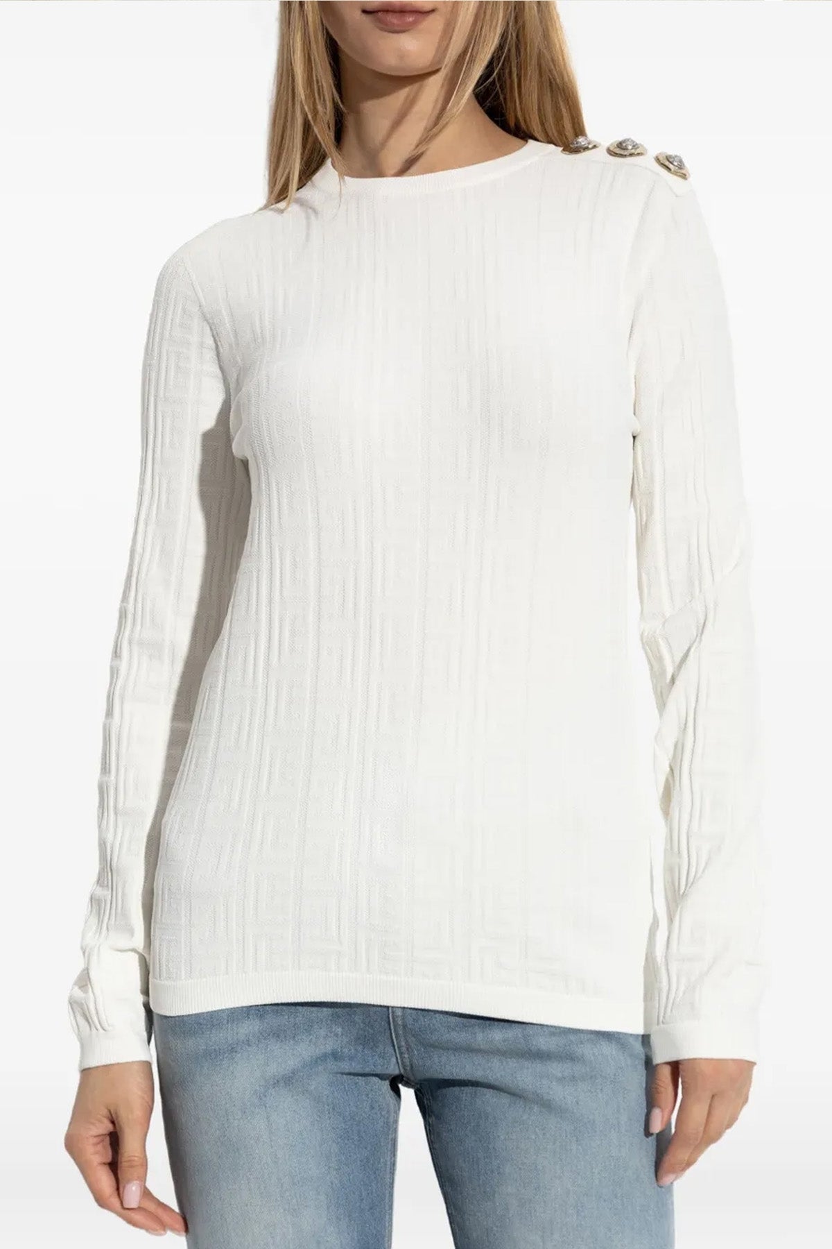 stretch knit monogram jacquard logo top