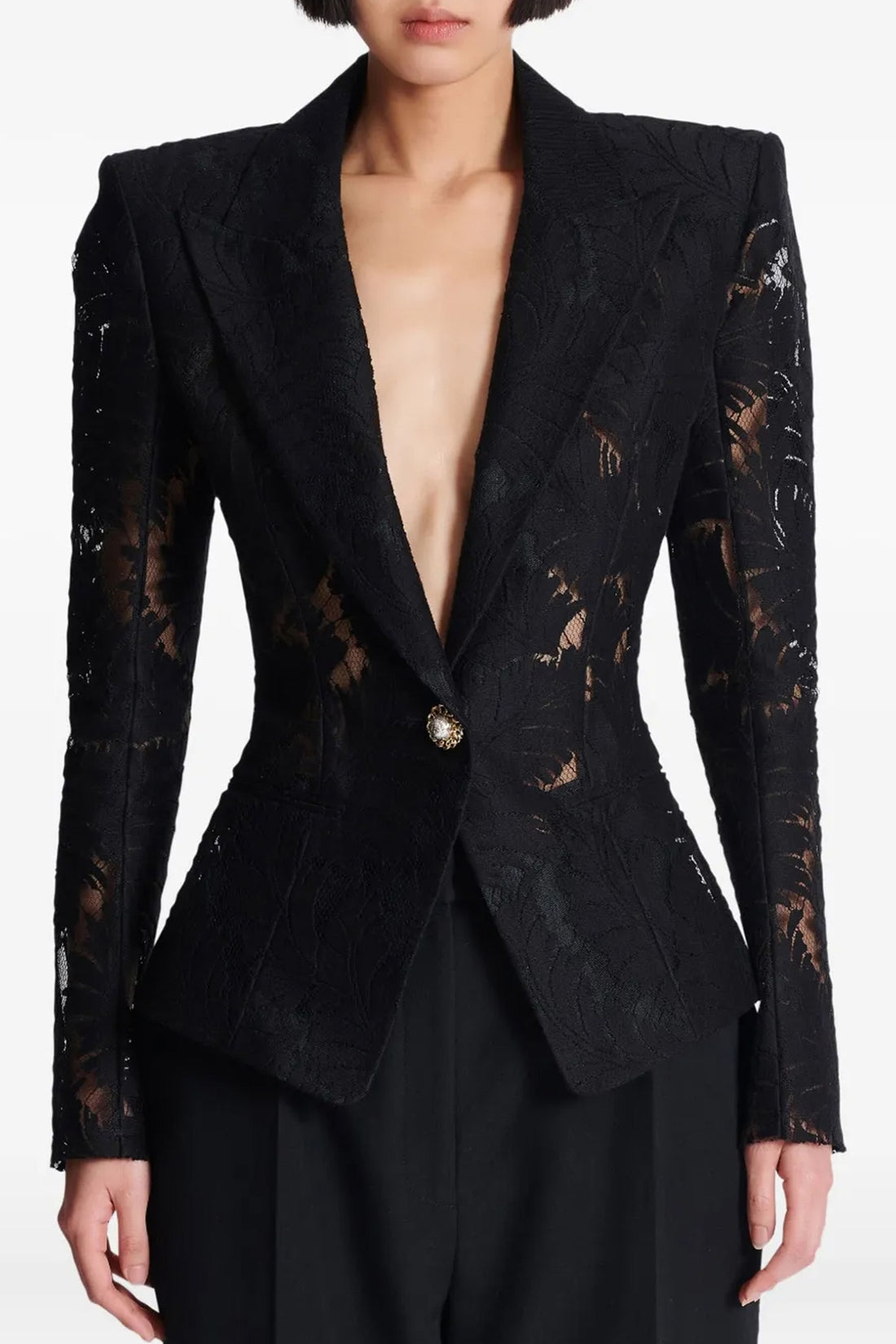 BALMAIN 34 single-breasted semi-transparent lace blazer