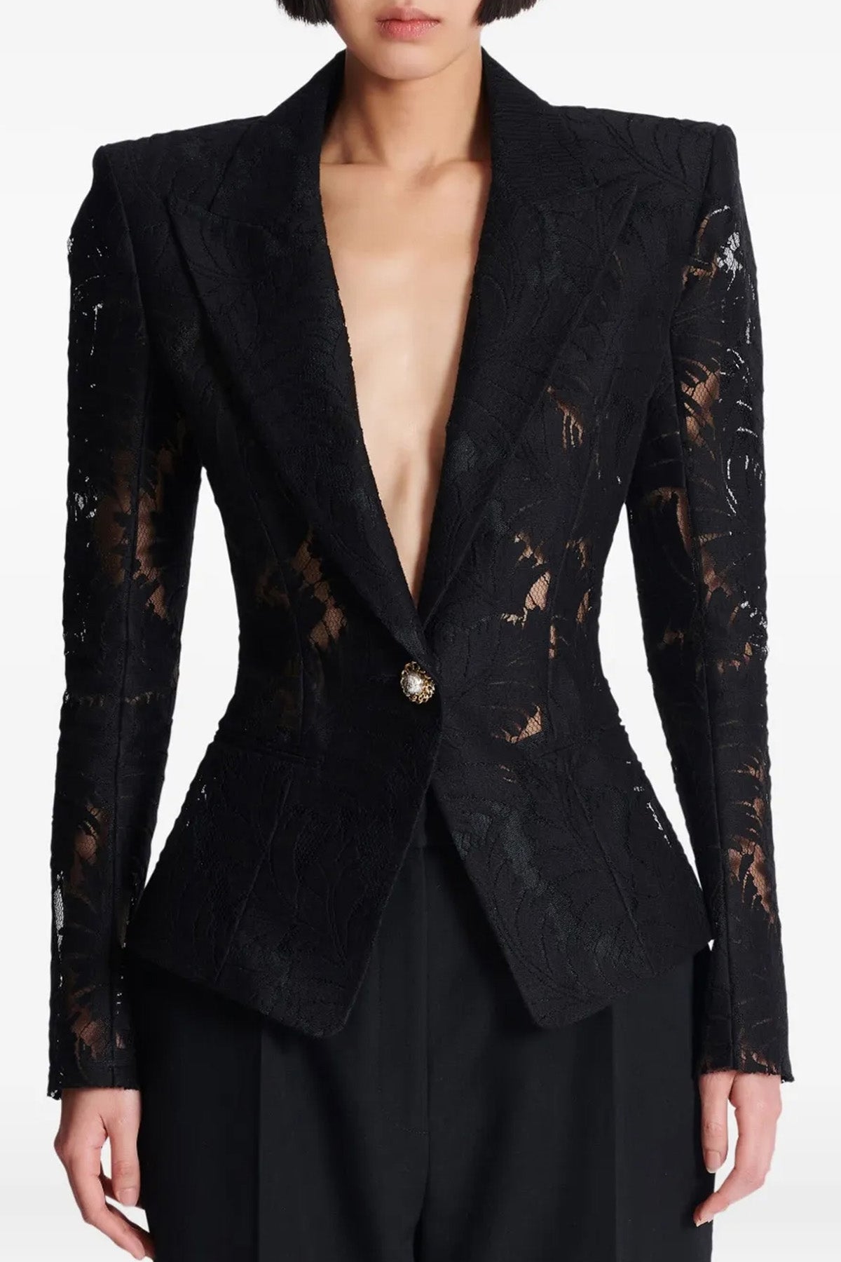 single-breasted semi-transparent lace blazer