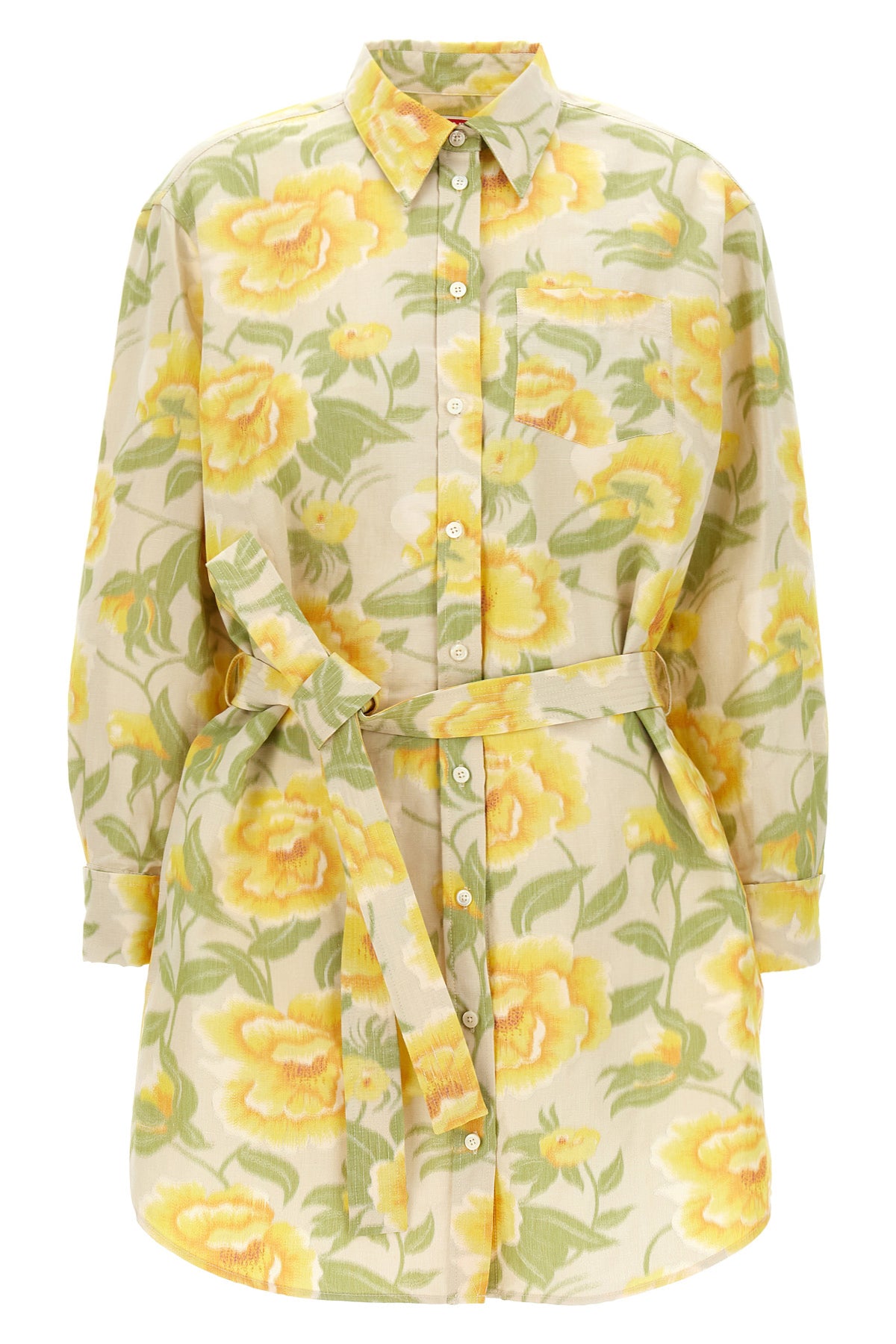 peonies kimono sleeve dress in printed cotton blend canvas