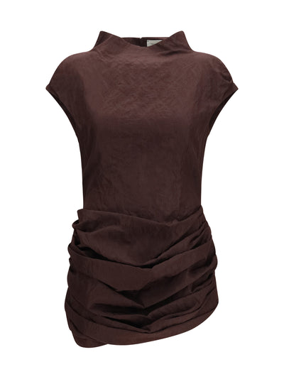 draped mini dress with high collar