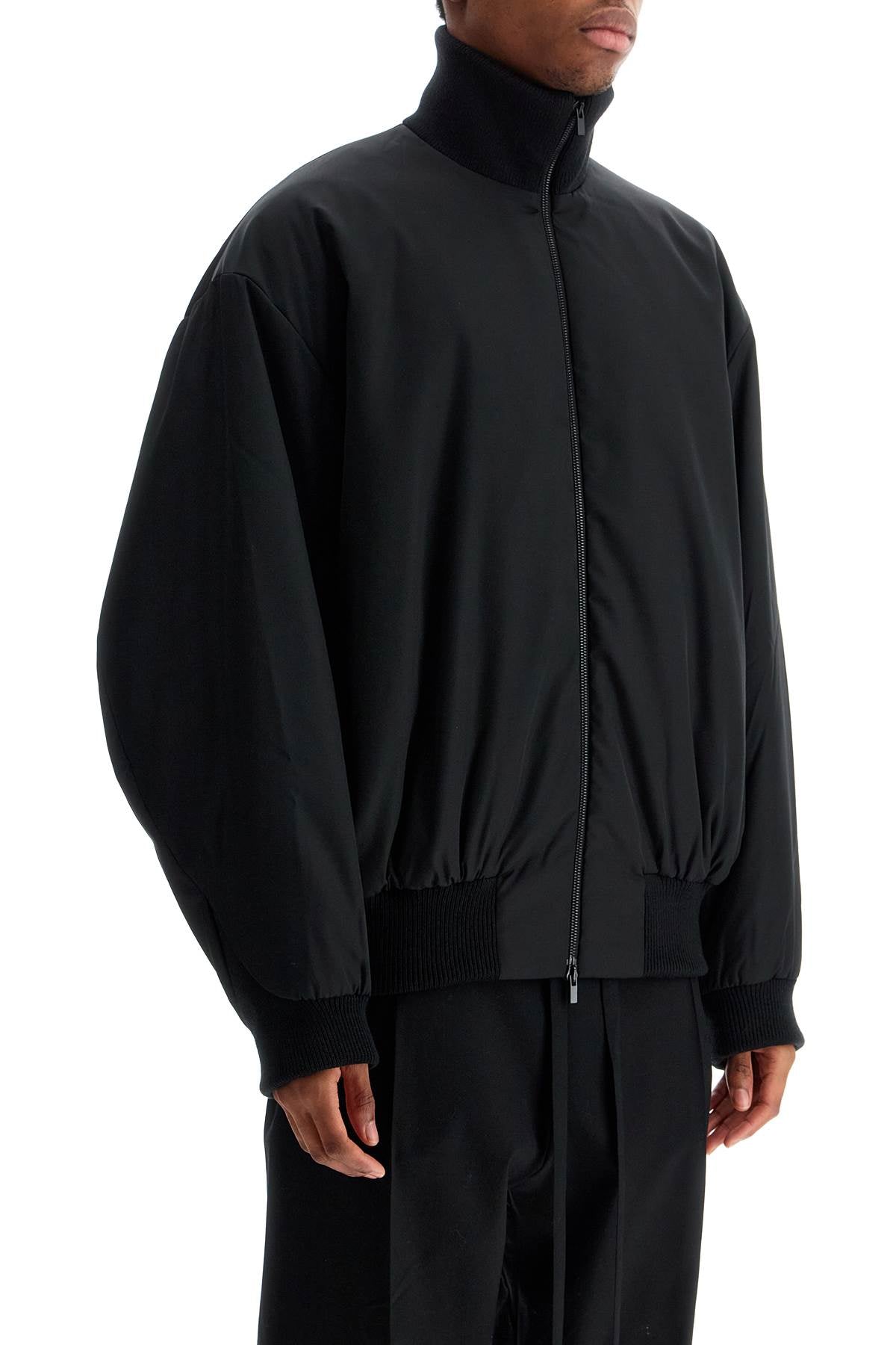 black nylon bomber with high collar