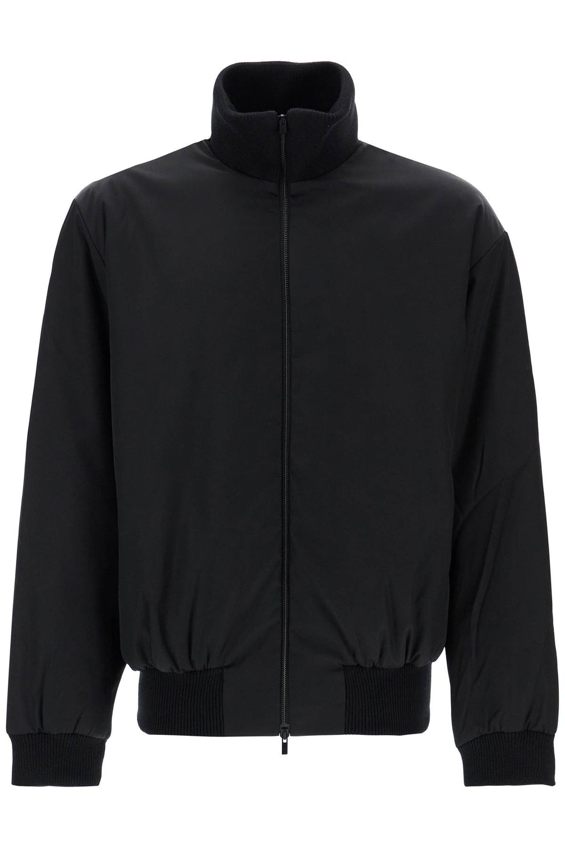 black nylon bomber with high collar