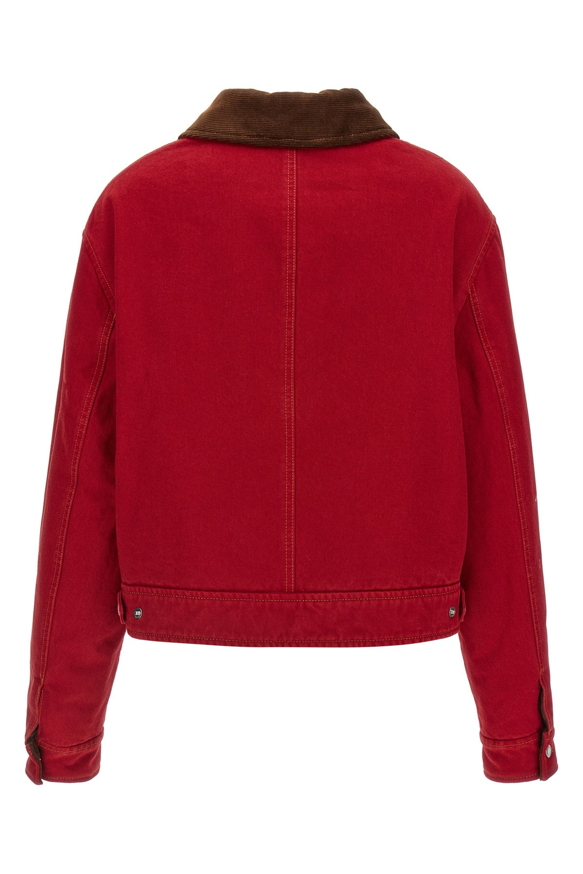 the ami paris jacket defines a cropped silhouette through a rigorous ruby red co