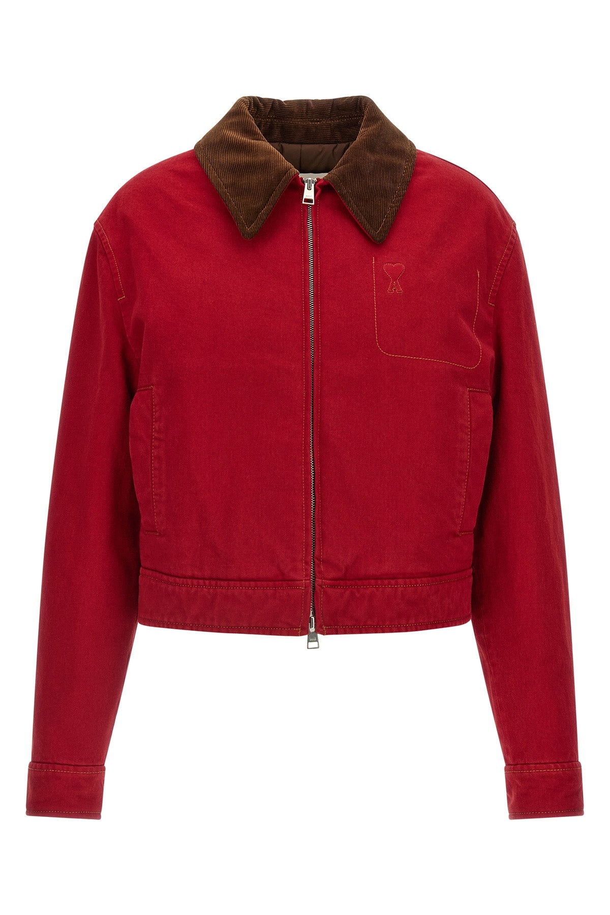 the ami paris jacket defines a cropped silhouette through a rigorous ruby red co