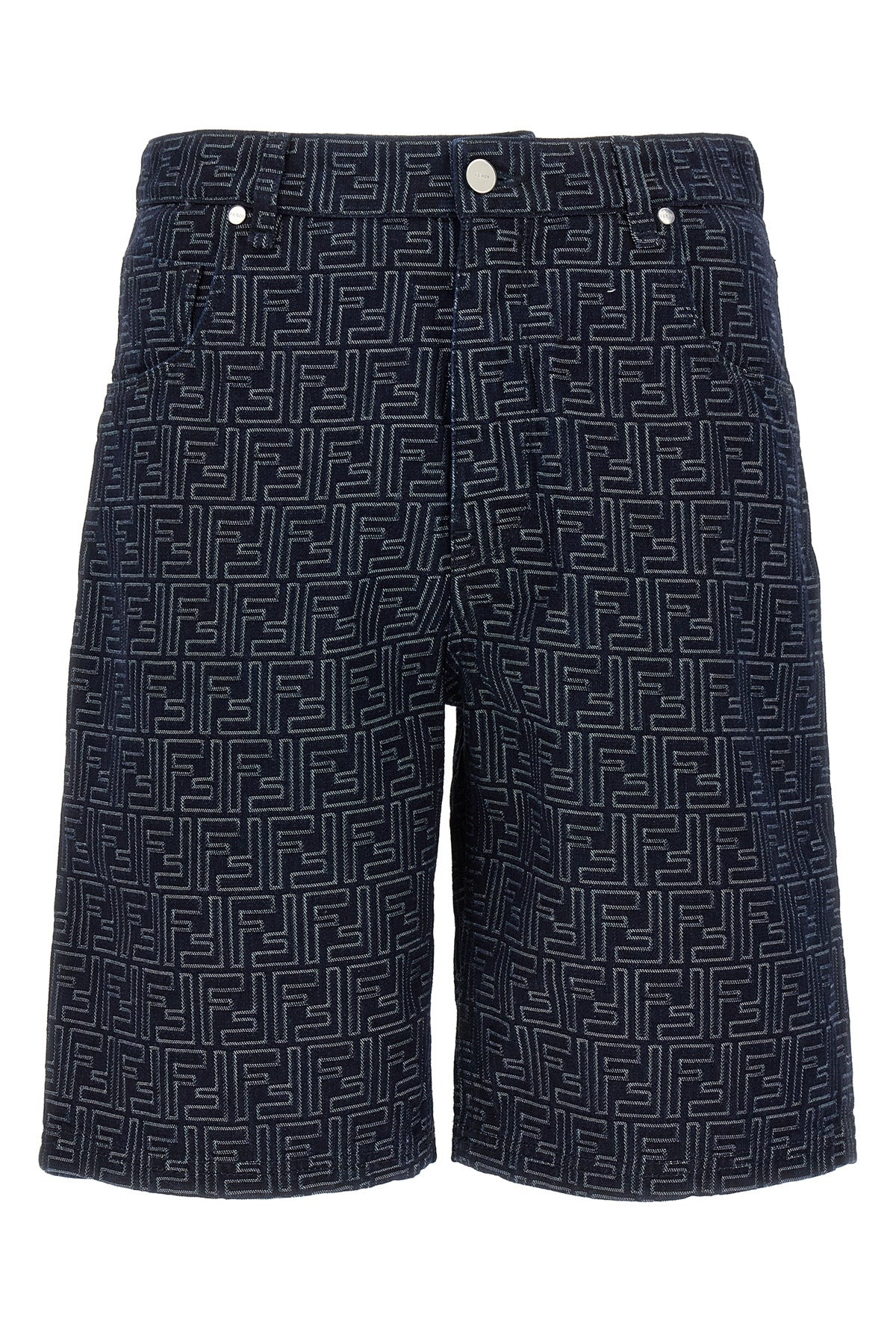 high waist ff jacquard ff denim fabric bermuda shorts