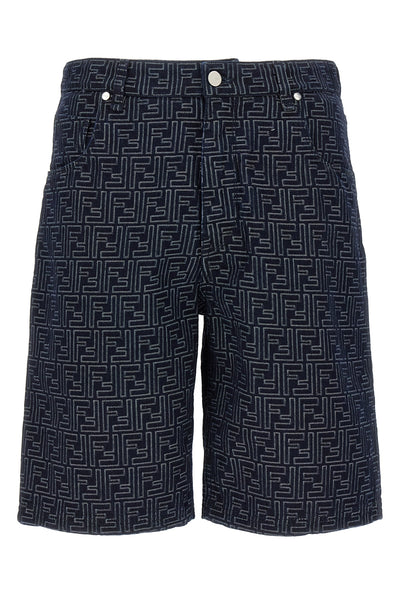 high waist ff jacquard ff denim fabric bermuda shorts