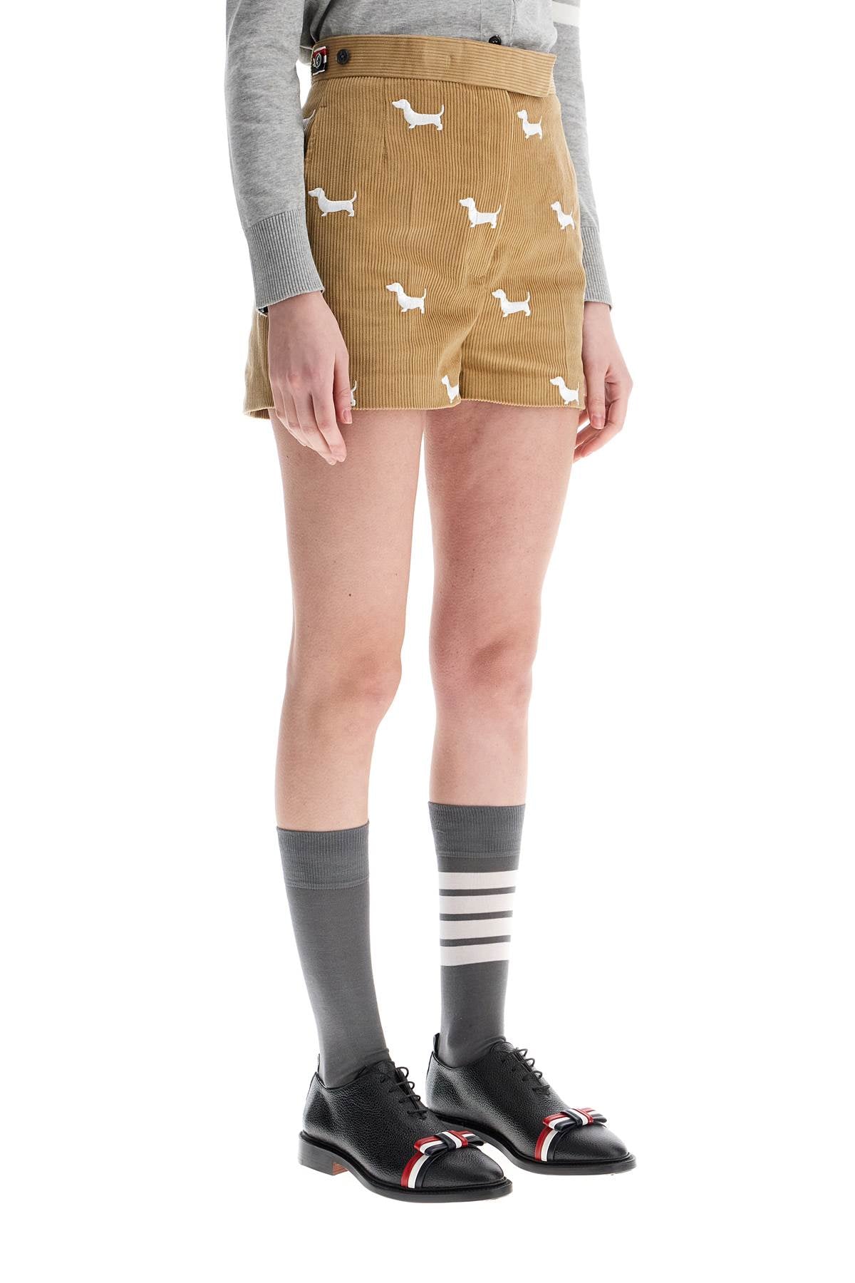 khaki corduroy shorts with white dog pattern