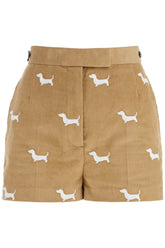 khaki corduroy shorts with white dog pattern