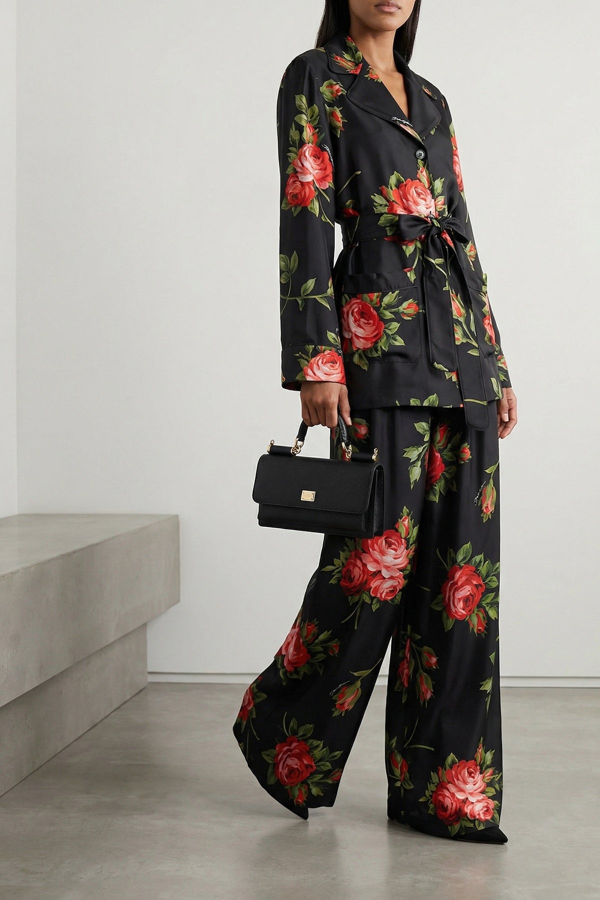 bouquet rose print silk twill trousers