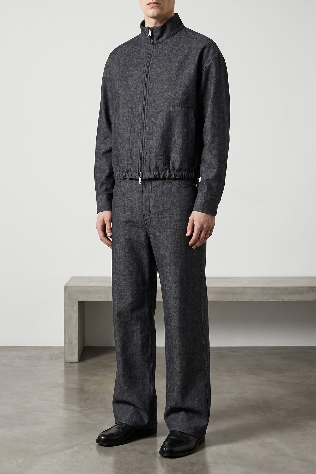 reversible blouson in denim fabric and linen and cotton fabric