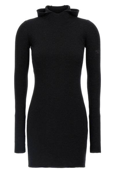 ribbed wool and silk hooded dress