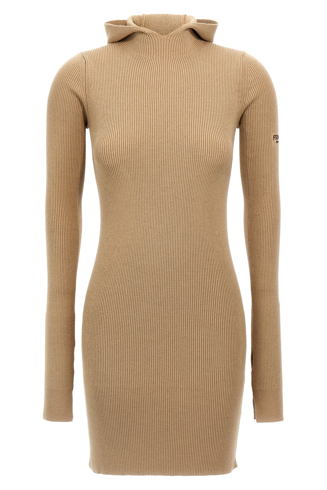 FENDI 42 ribbed wool and silk hooded dress