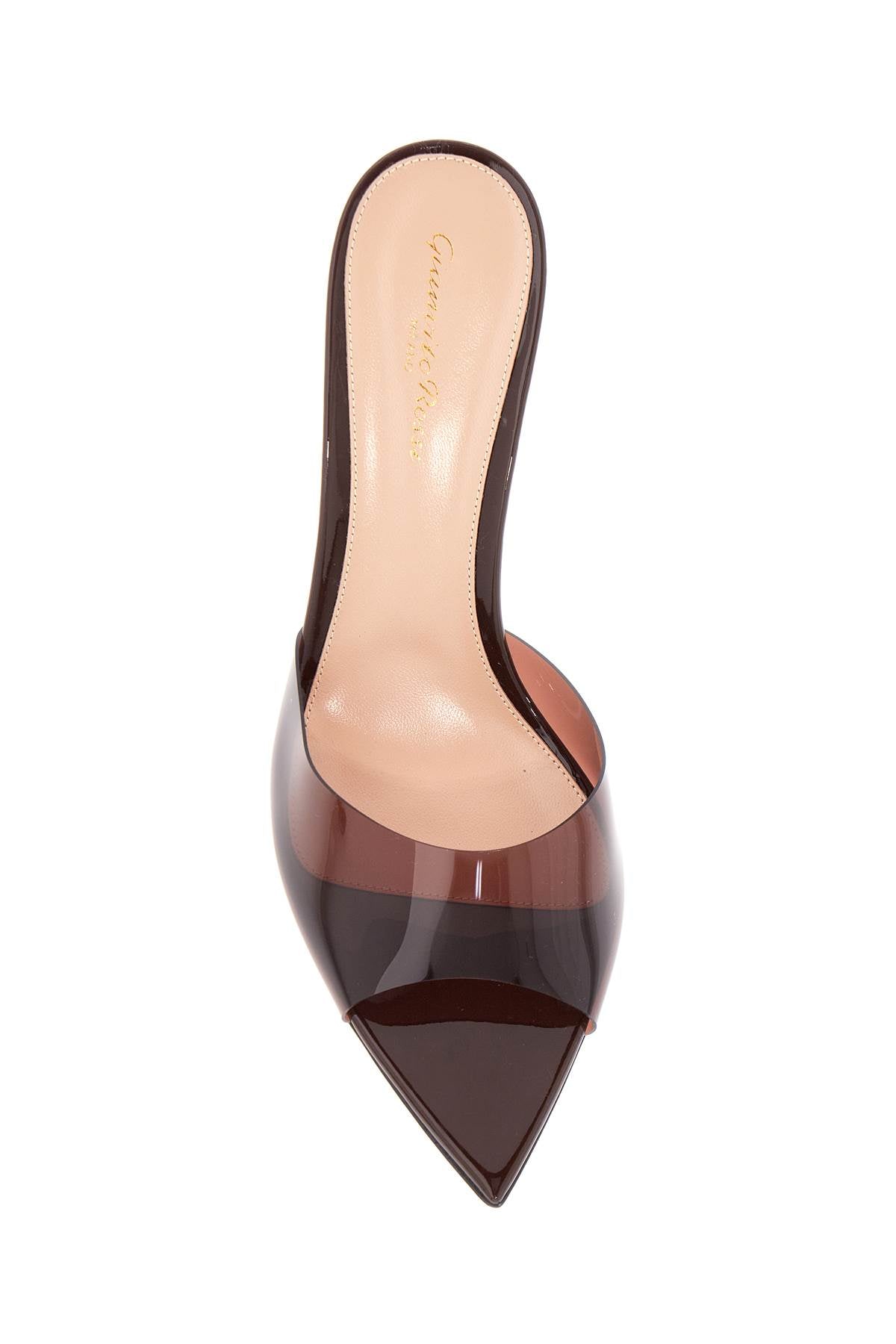 brown glossy tpu sandals with stiletto heel