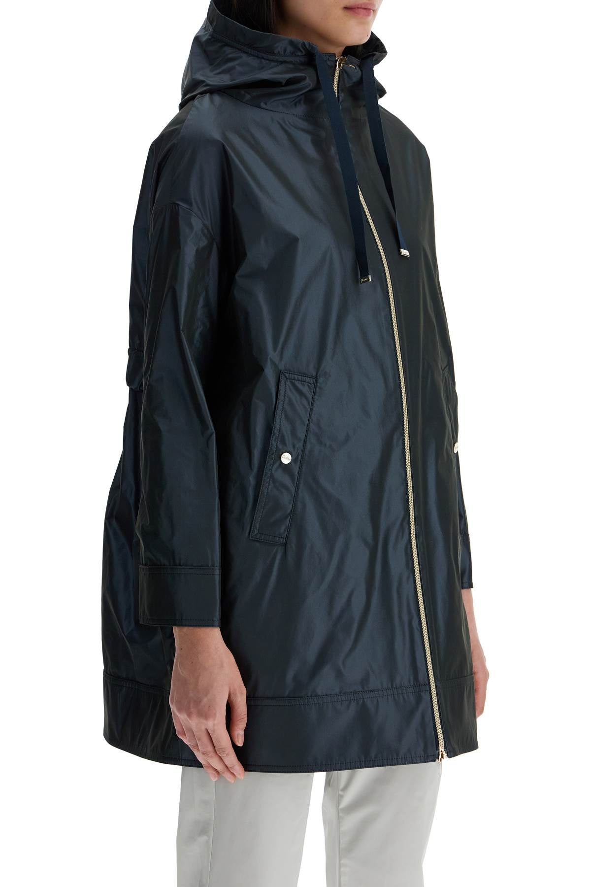 dark blue technical taffeta waterproof parka with hood