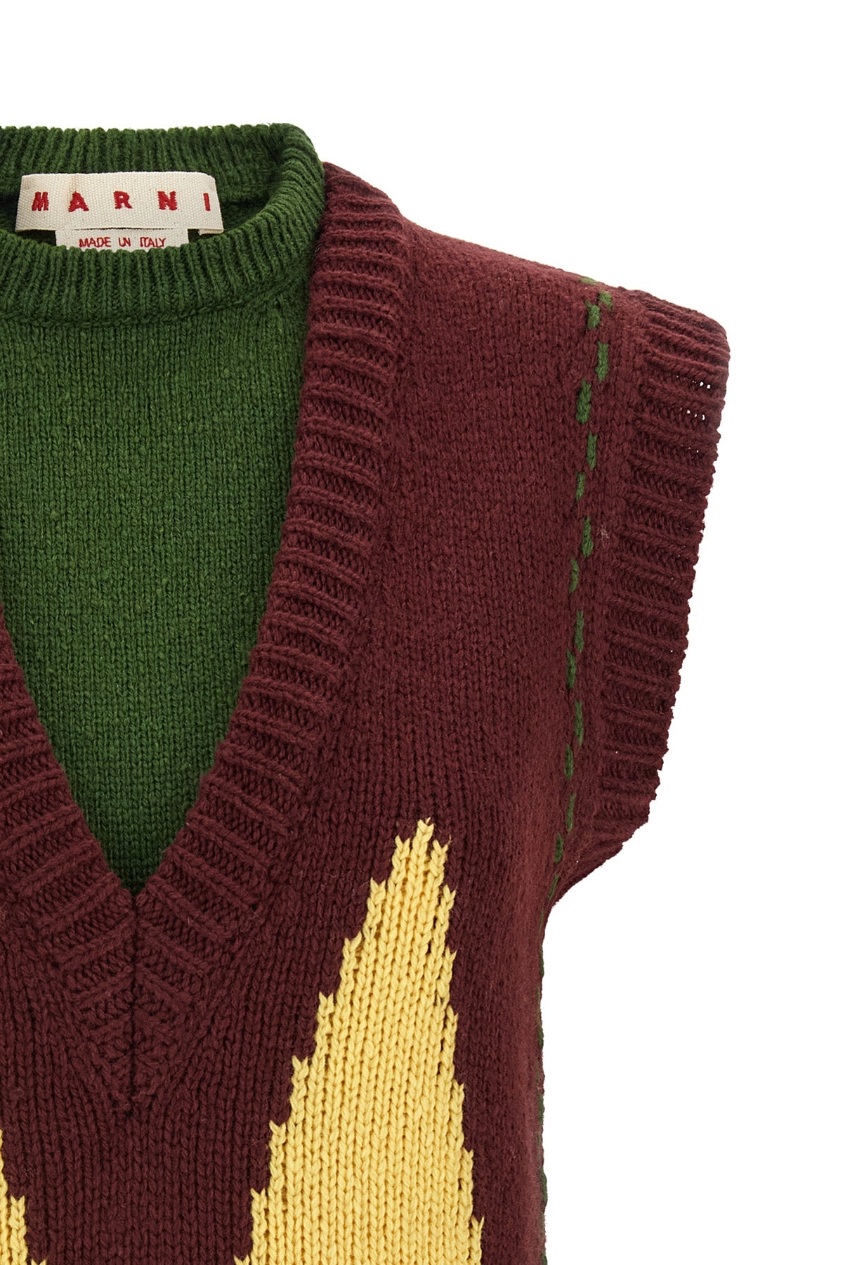 the marni vest in pure wool is distinguished by a complex trompe loeil construc