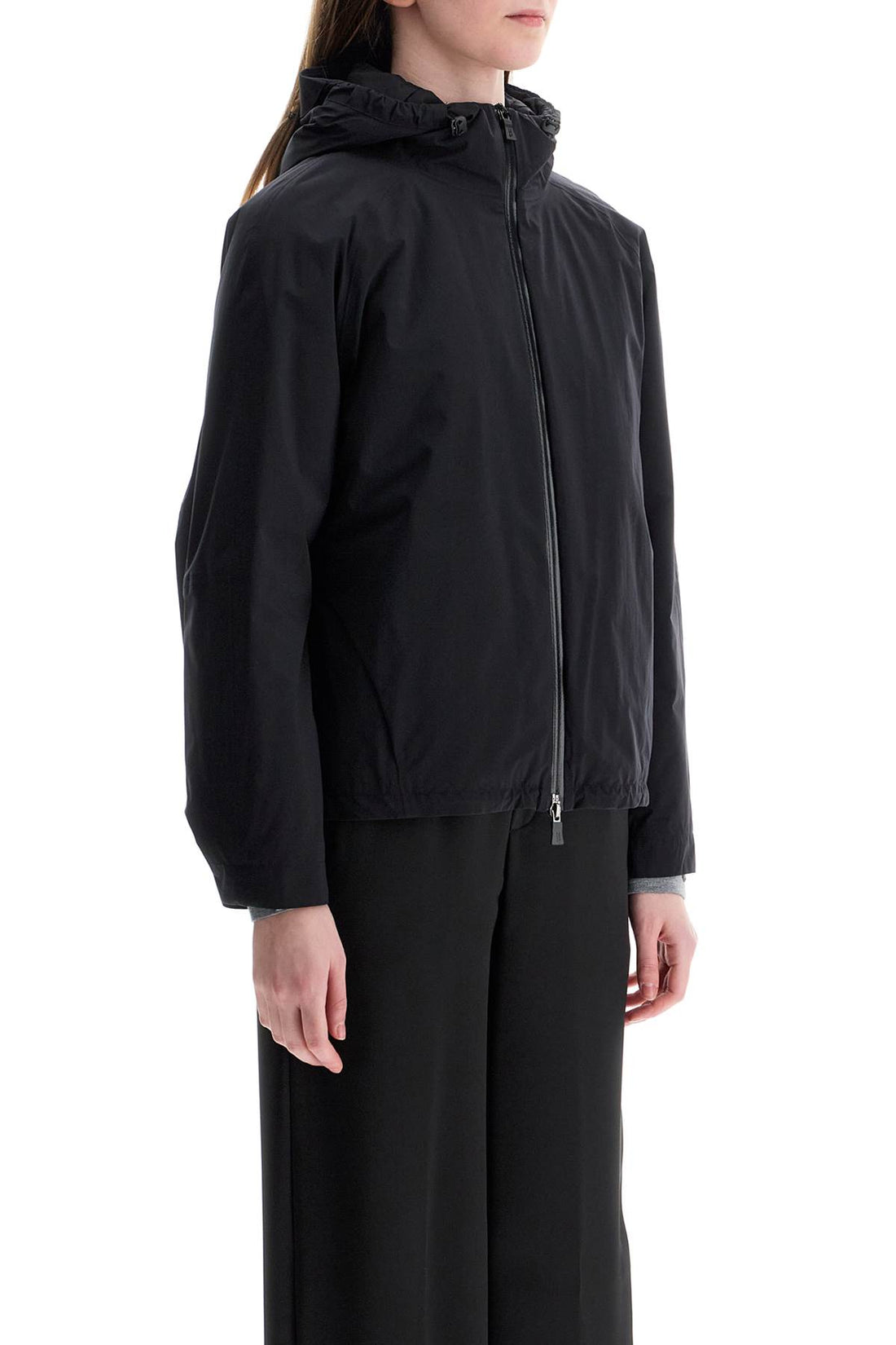 short black waterproof polyamide jacket with hood and zip