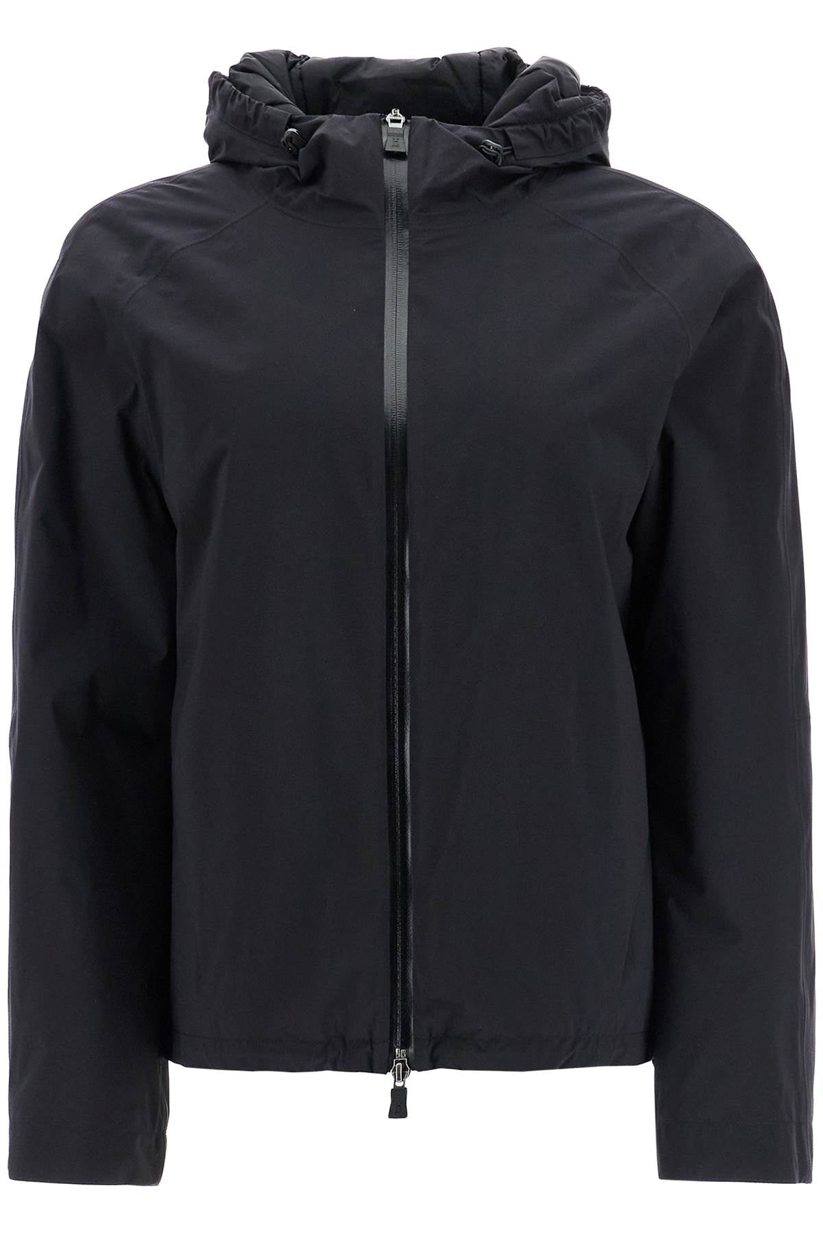 short black waterproof polyamide jacket with hood and zip