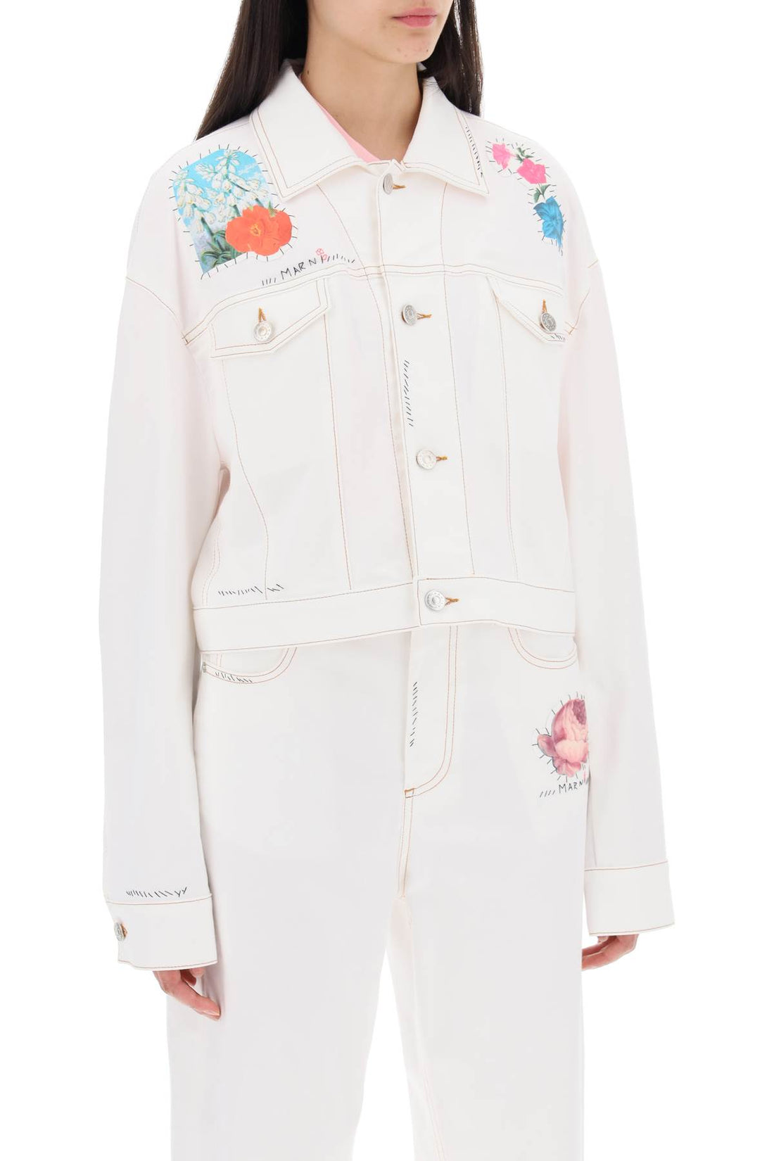 &quot;cropped denim jacket with flower patches and embroidery&quot;