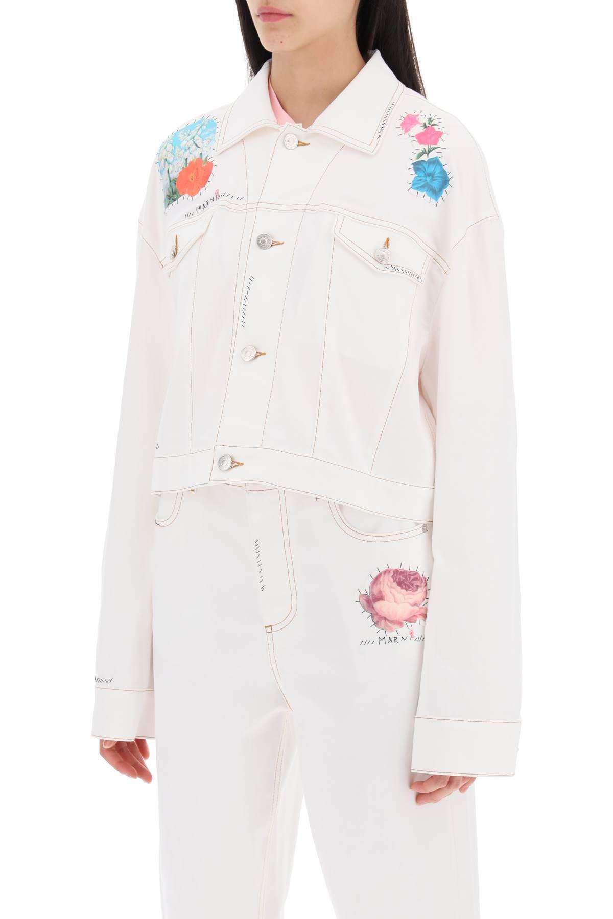 &quot;cropped denim jacket with flower patches and embroidery&quot;